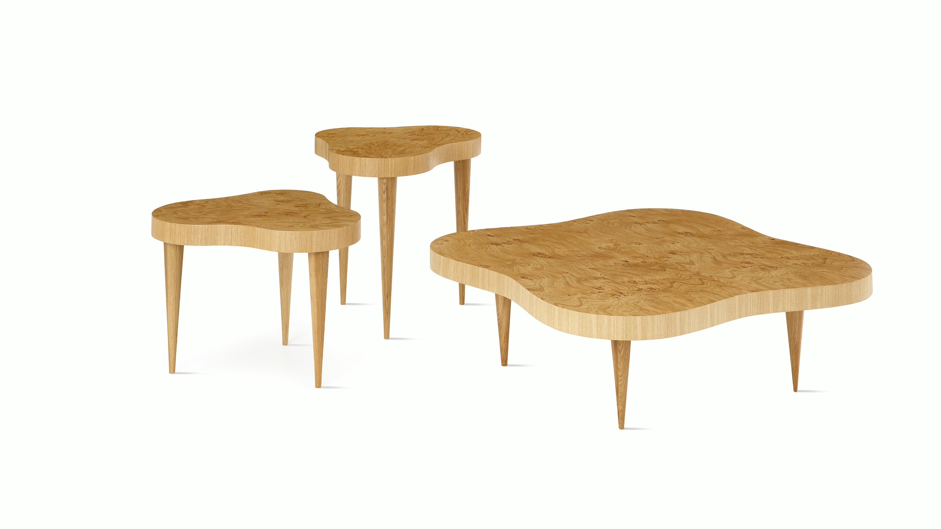 Rohde Paldao coffee and side table in oak burl front view