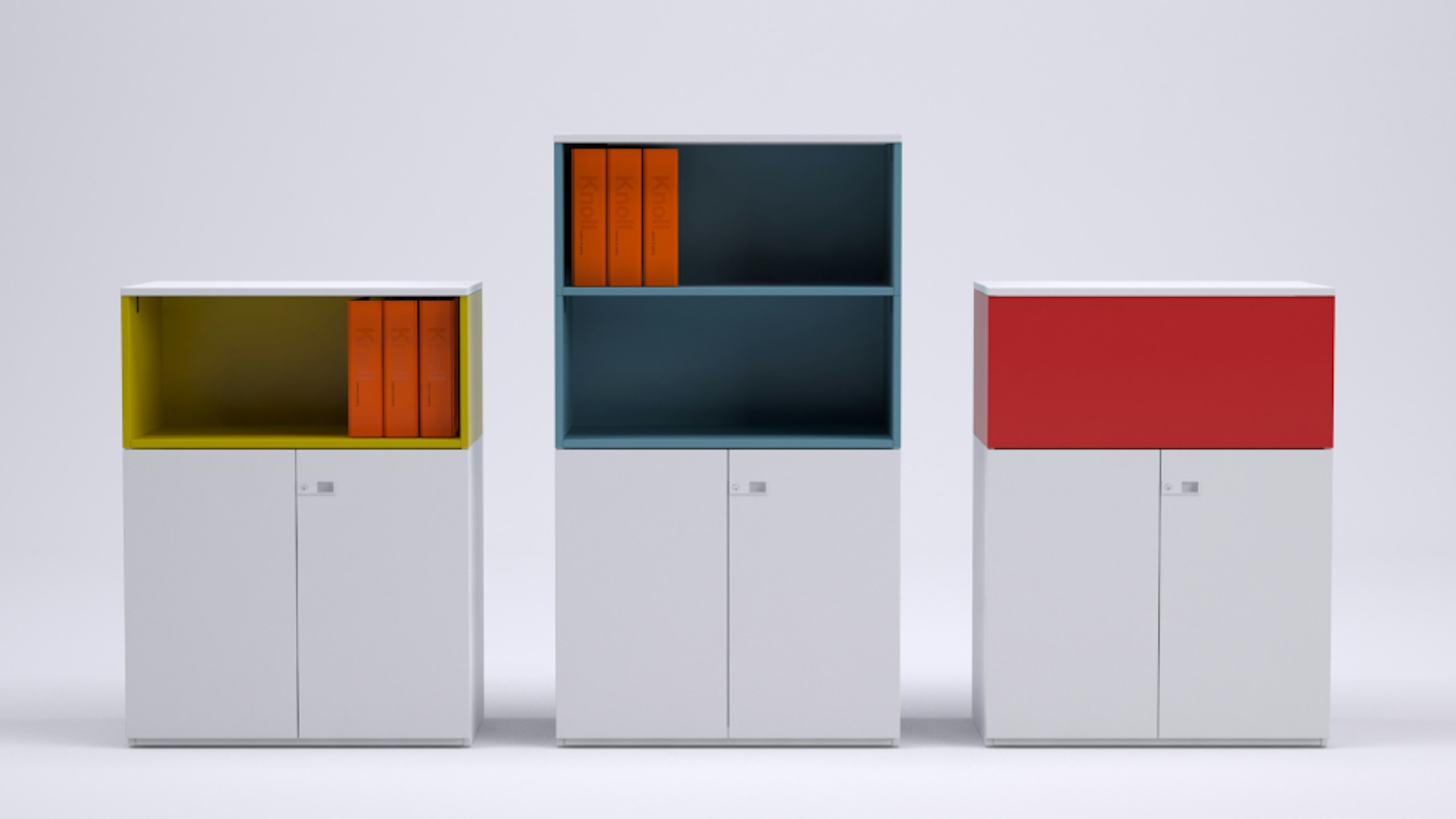 Yellow, blue, and red Colourfold storage solutions by Knoll