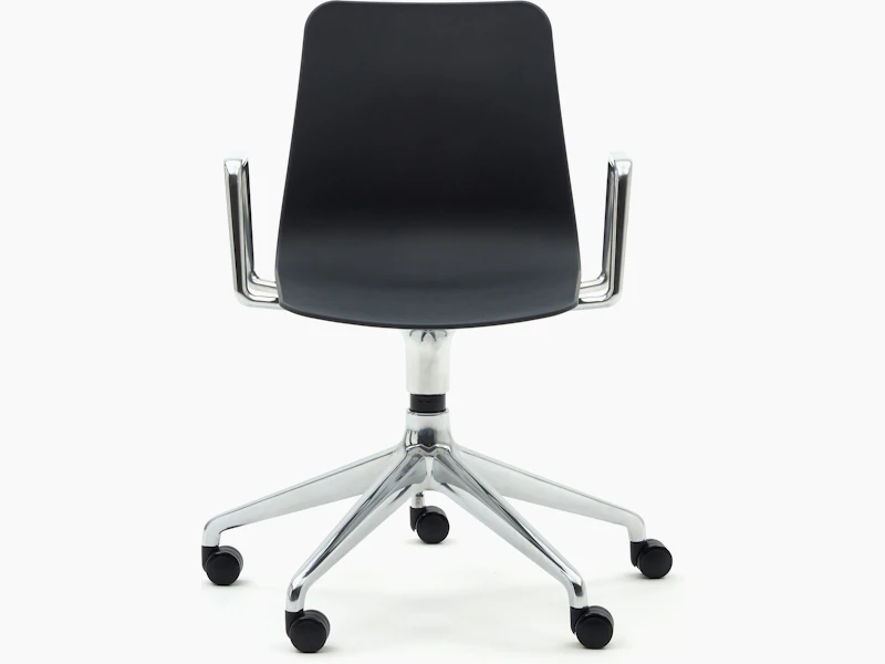A black naughtone Polly Chair with a 5-star chrome base and armrest, viewed from the front.