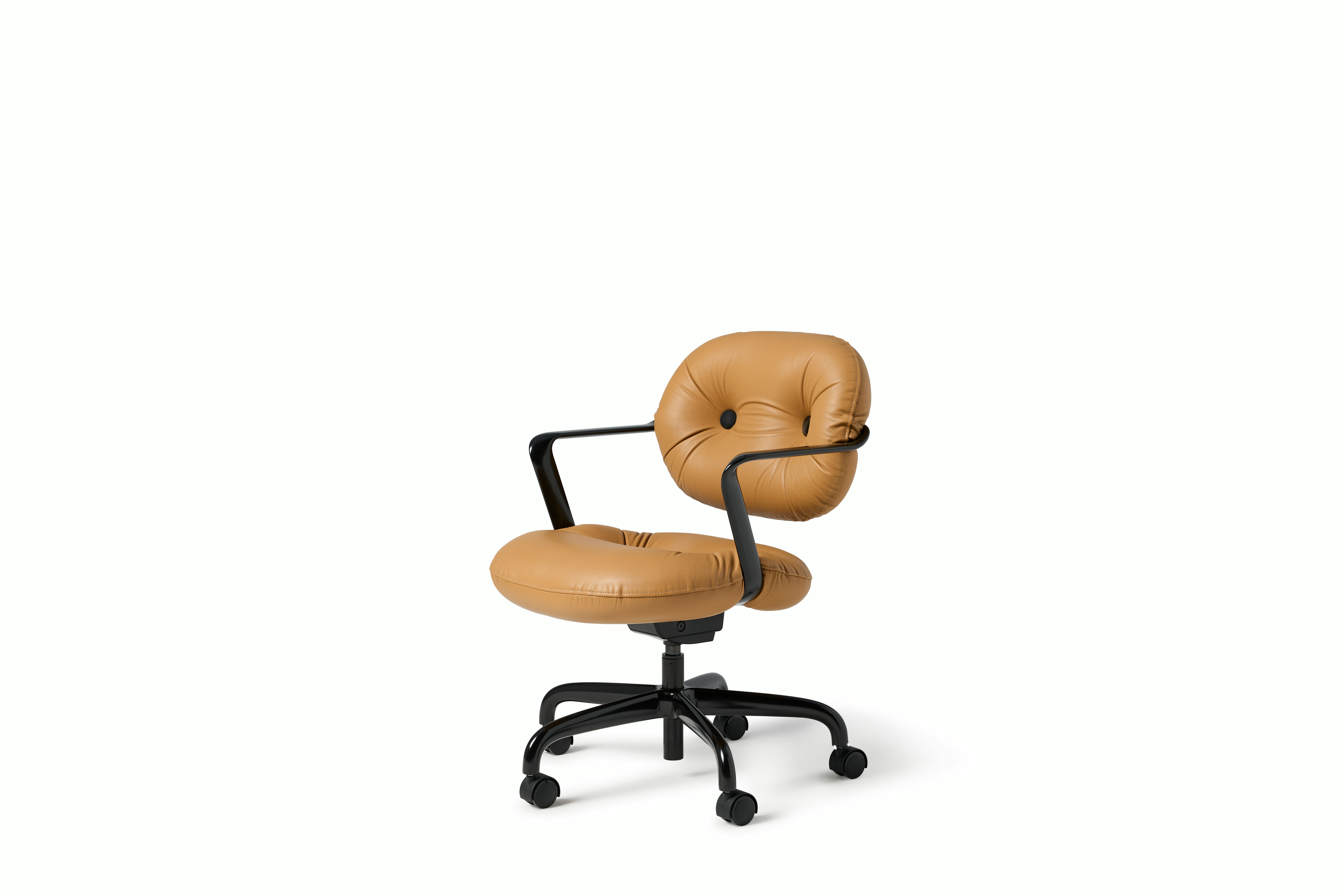 Front angle view of a Morrison Hannah chair with a black frame and base with fixed arms and light brown leather upholstery.