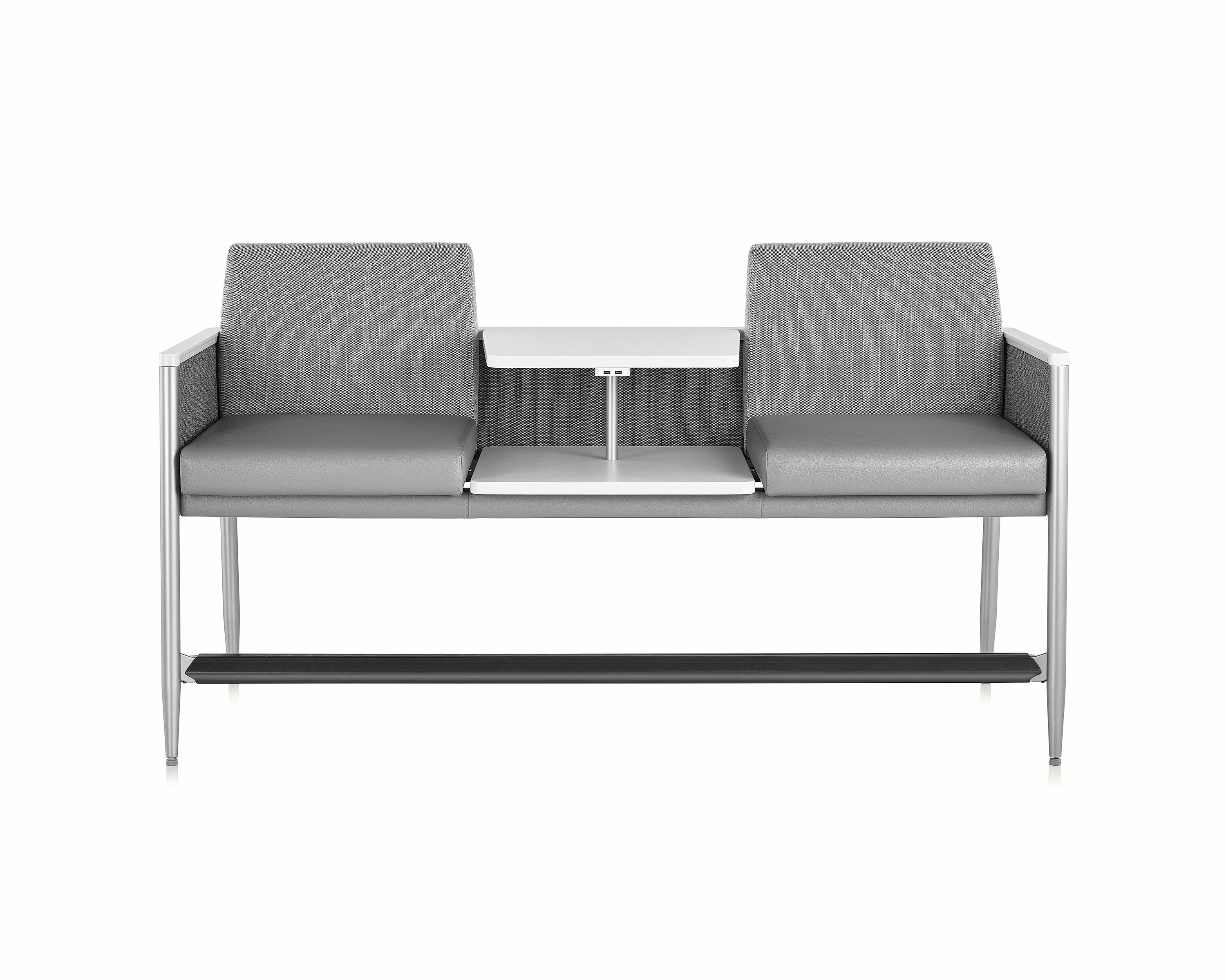 Front view of Palisade Easy Access in a gray upholstery with a height-adjustable center table in white, on white sweep.