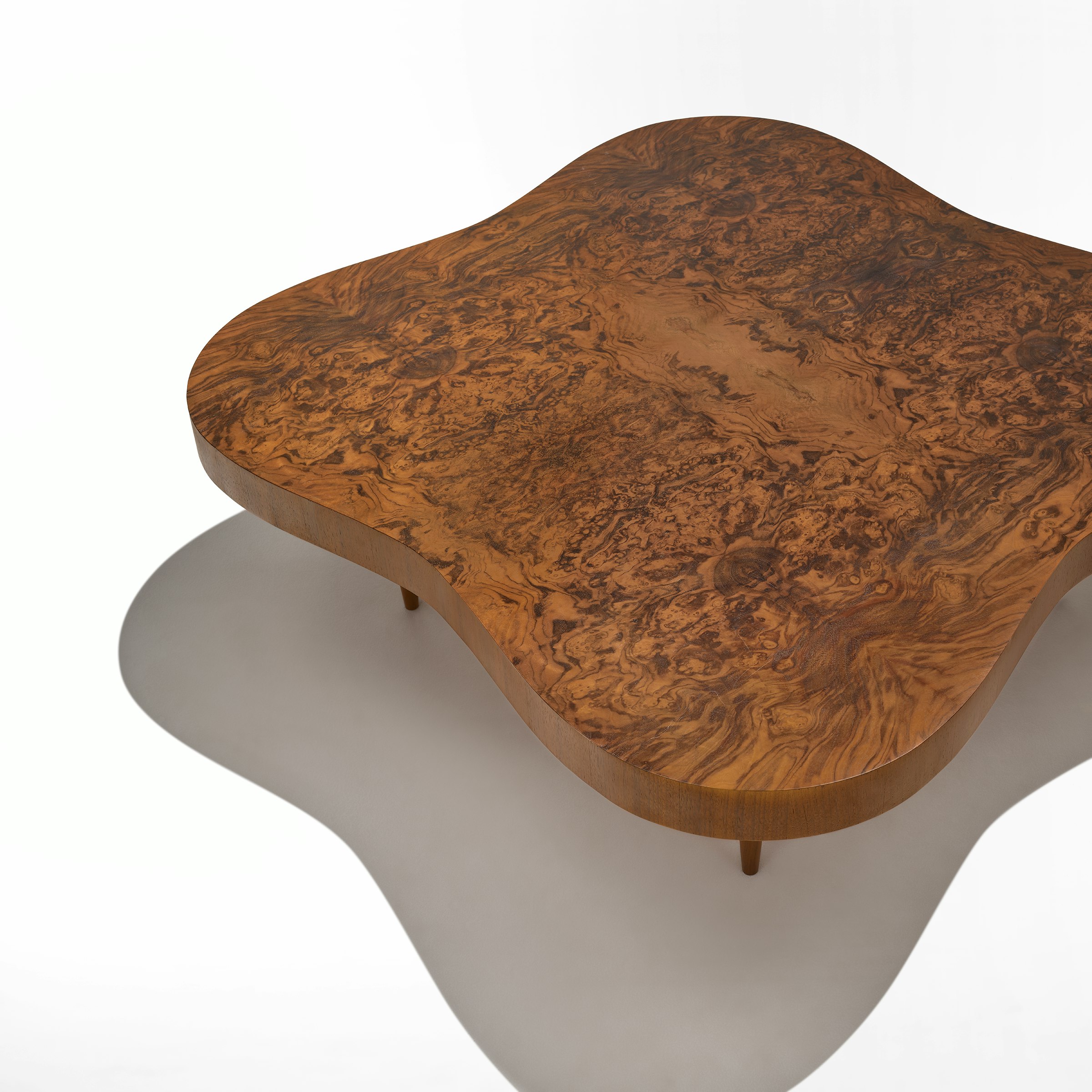 Rohde Paldao coffee table in walnut burl top view.