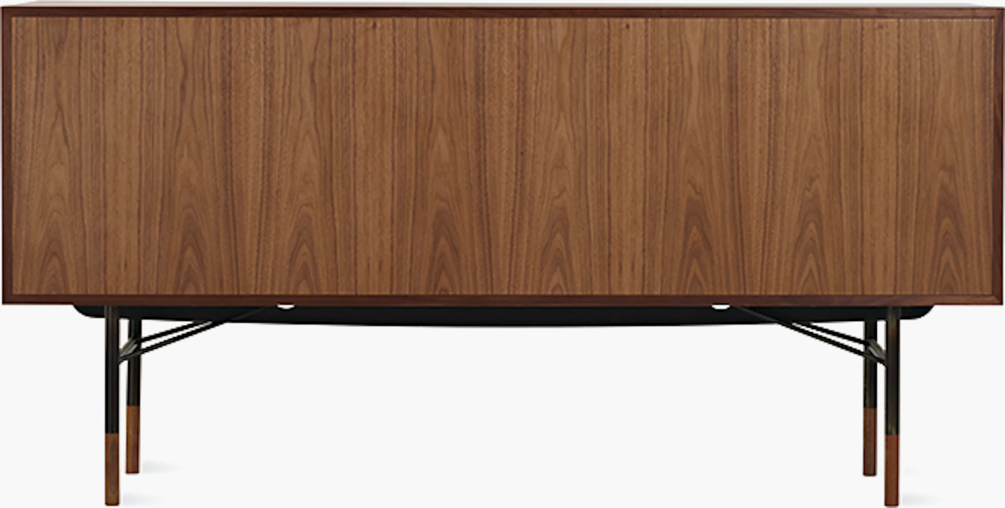 Bottom view of walnut credenza with dark metal legs and X frame
