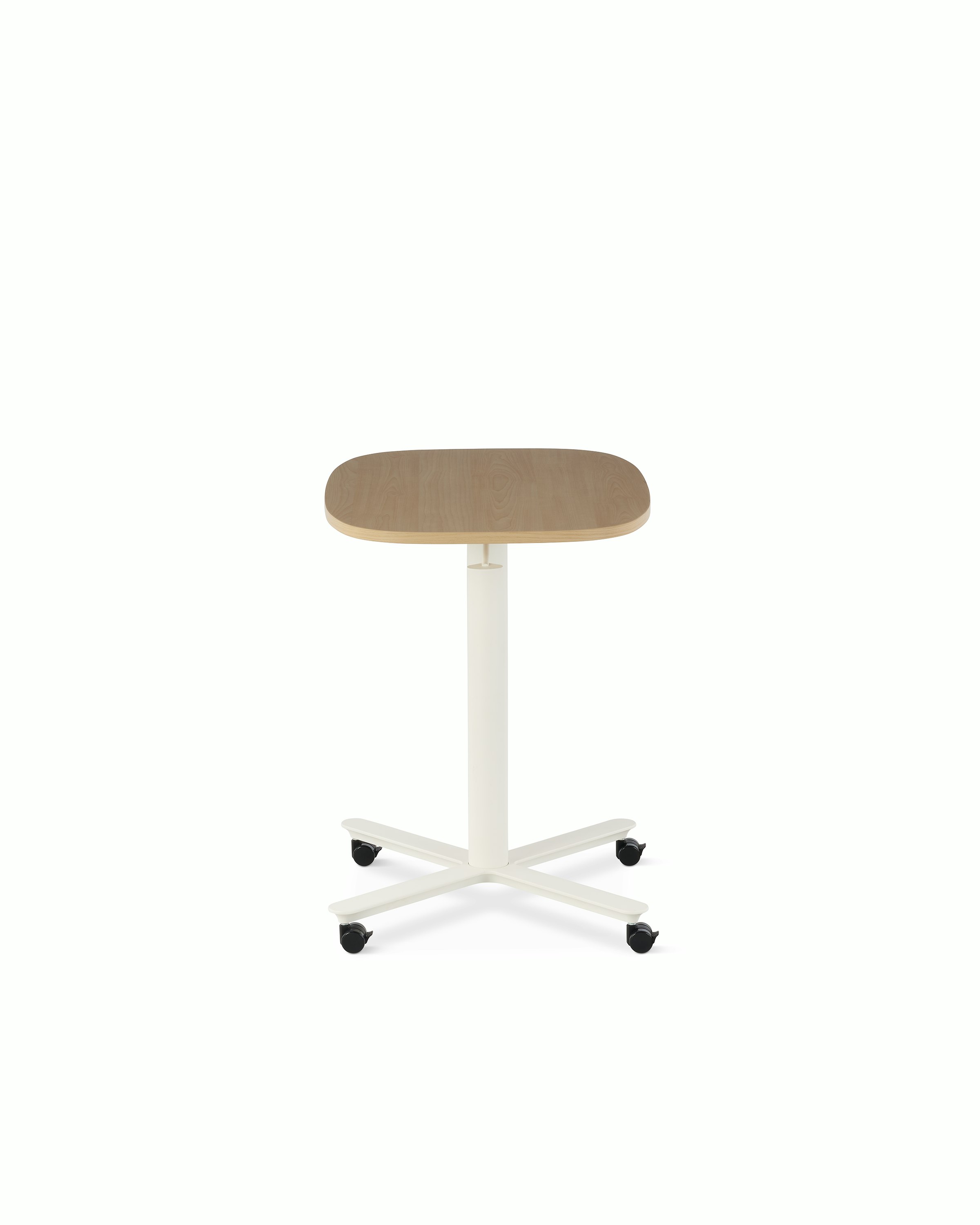 Large Passport Work Table with light woodgrain surface and white base shown on casters.