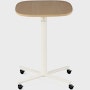 Large Passport Work Table with light woodgrain surface and white base shown on casters.