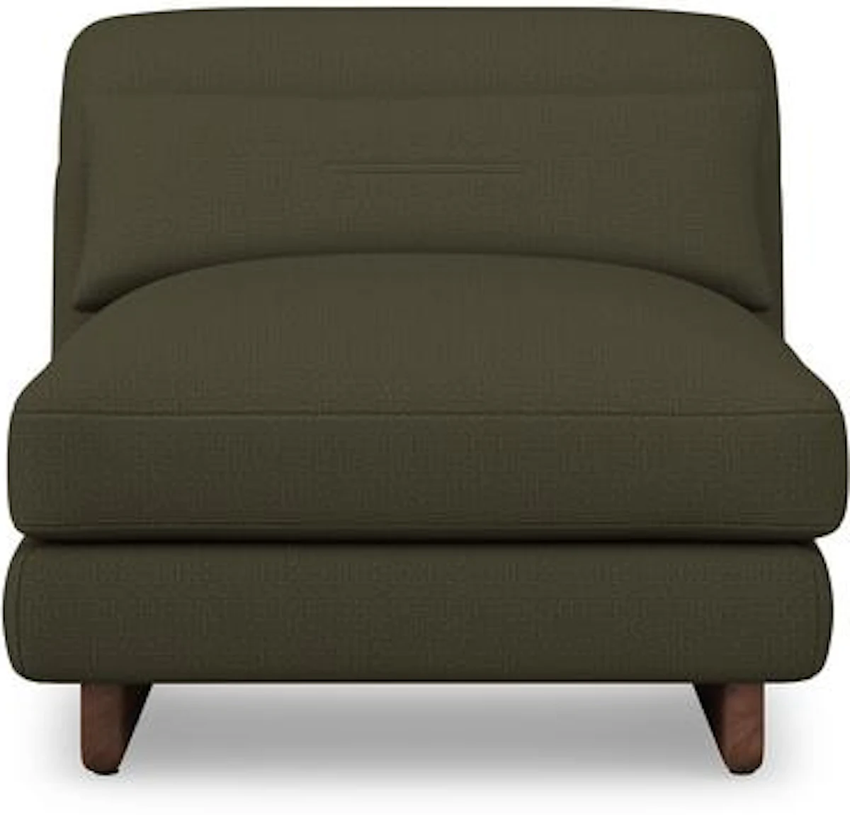 Back view of olive green modular sofa with exposed headrest and wooden legs.