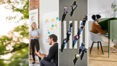 A collage of images featuring greenery, a person pushing a chair under a table with a city landscape in the background, people walking on a crosswalk, and a discussion among colleagues.