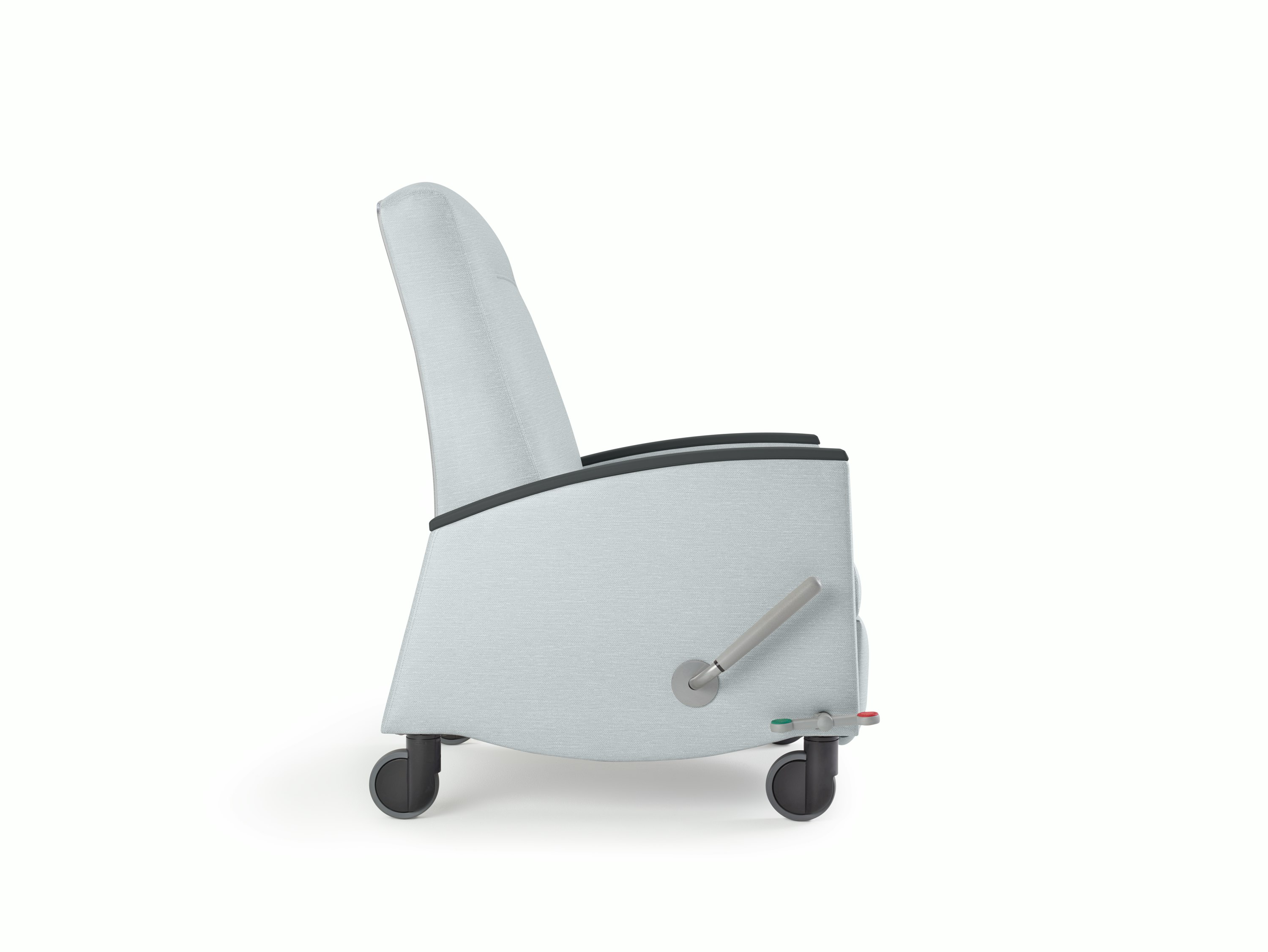 Nemschoff Sahara Recliner in a light gray upholstery and black arm caps and casters on white sweep, viewed from the side.