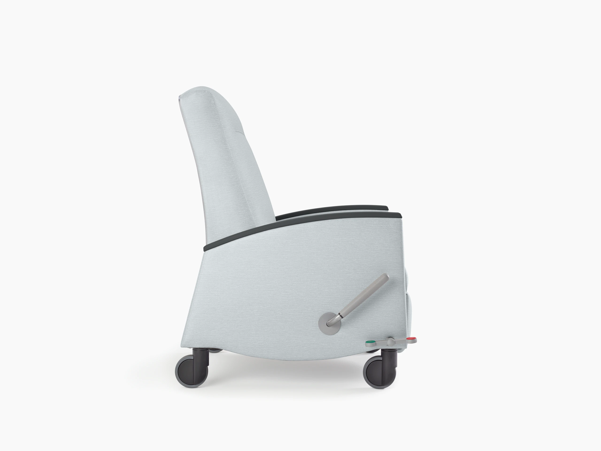 Nemschoff Sahara Recliner in a light gray upholstery and black arm caps and casters on white sweep, viewed from the side.