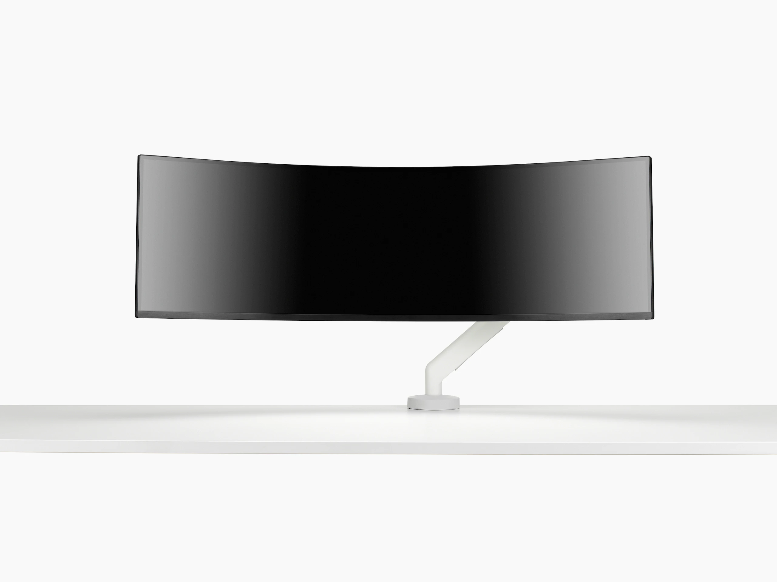 White single Flo X arm with a 49'' screen, viewed from the front