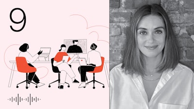Looking Forward podcast cover art with episode number 9 in the top left corner is stacked alongside a portrait of the guest for this episode, workplace strategist Corinne Murray.