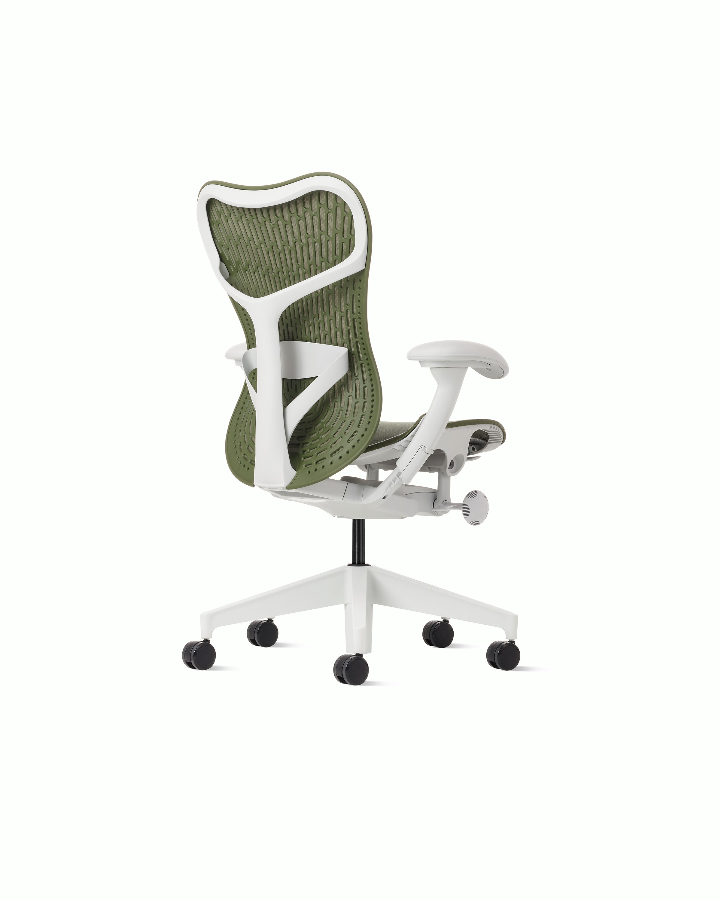 Rear angle view of a Mirra 2 chair with a Butterfly back in olive and an alpine frame.