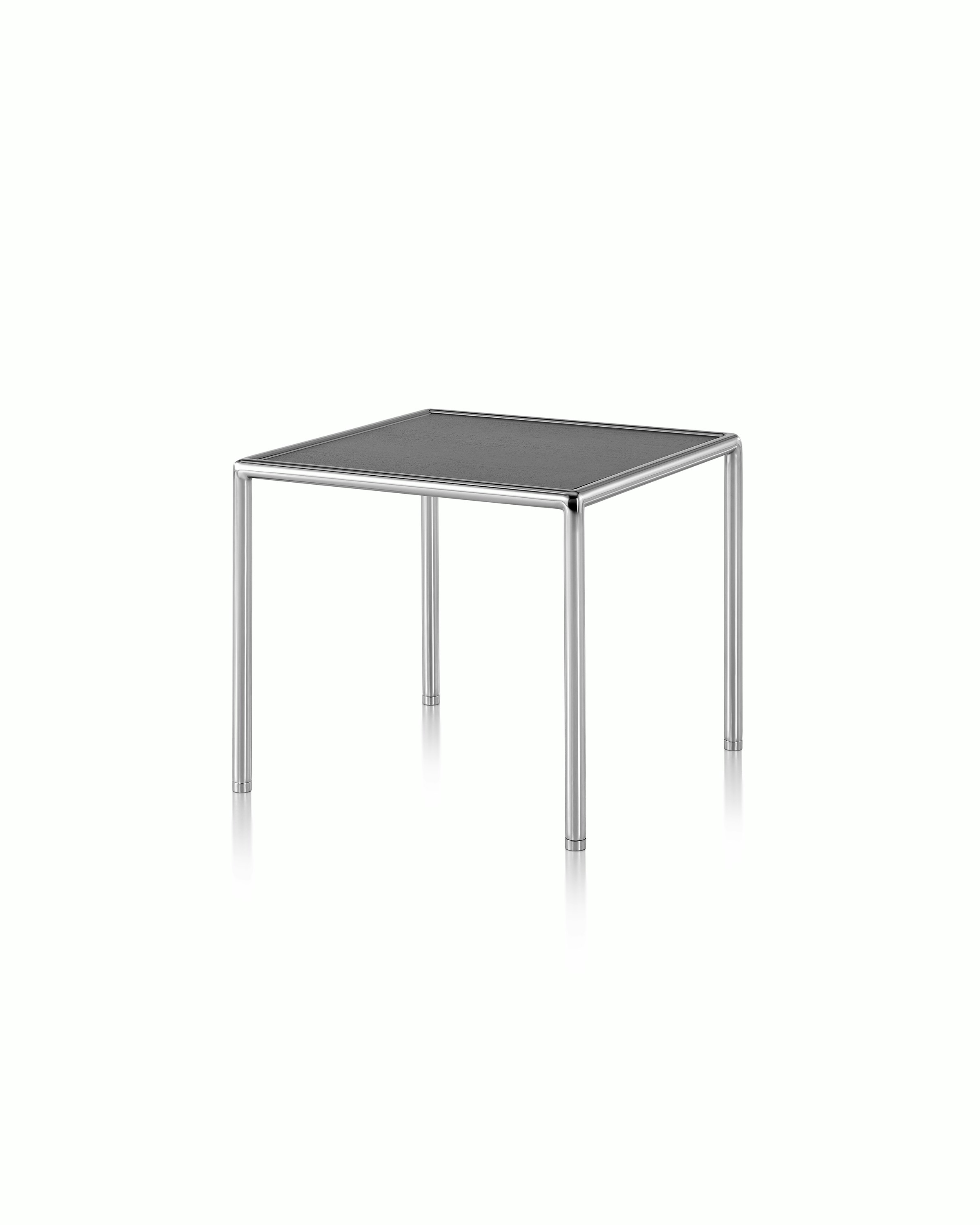 A square Full Round side table with a black wood top and tubular metal frame, viewed at an angle.