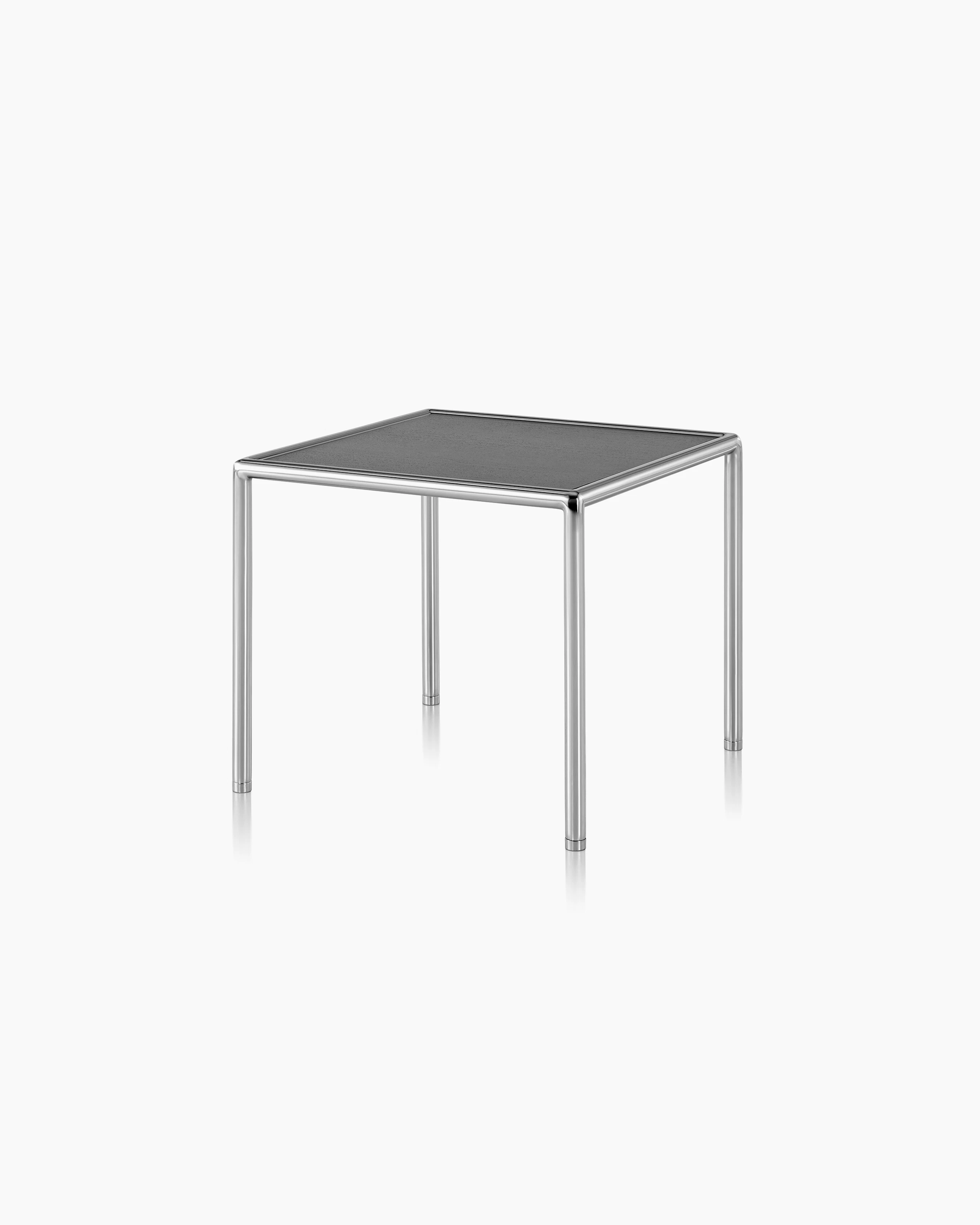 A square Full Round side table with a black wood top and tubular metal frame, viewed at an angle.