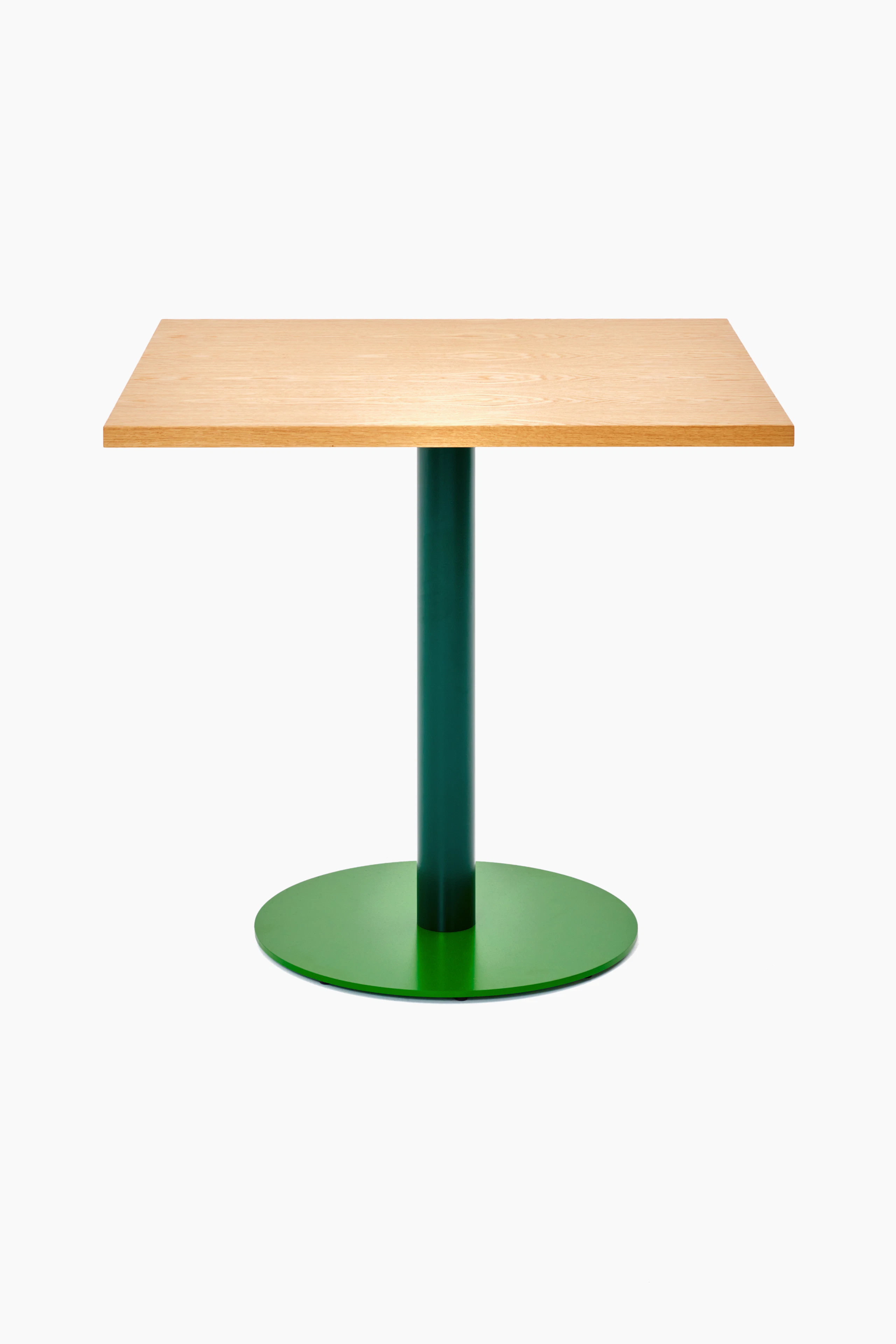 Front view of a square Tier table with Oak veneer top, Moss Green stem and Leaf Green base.