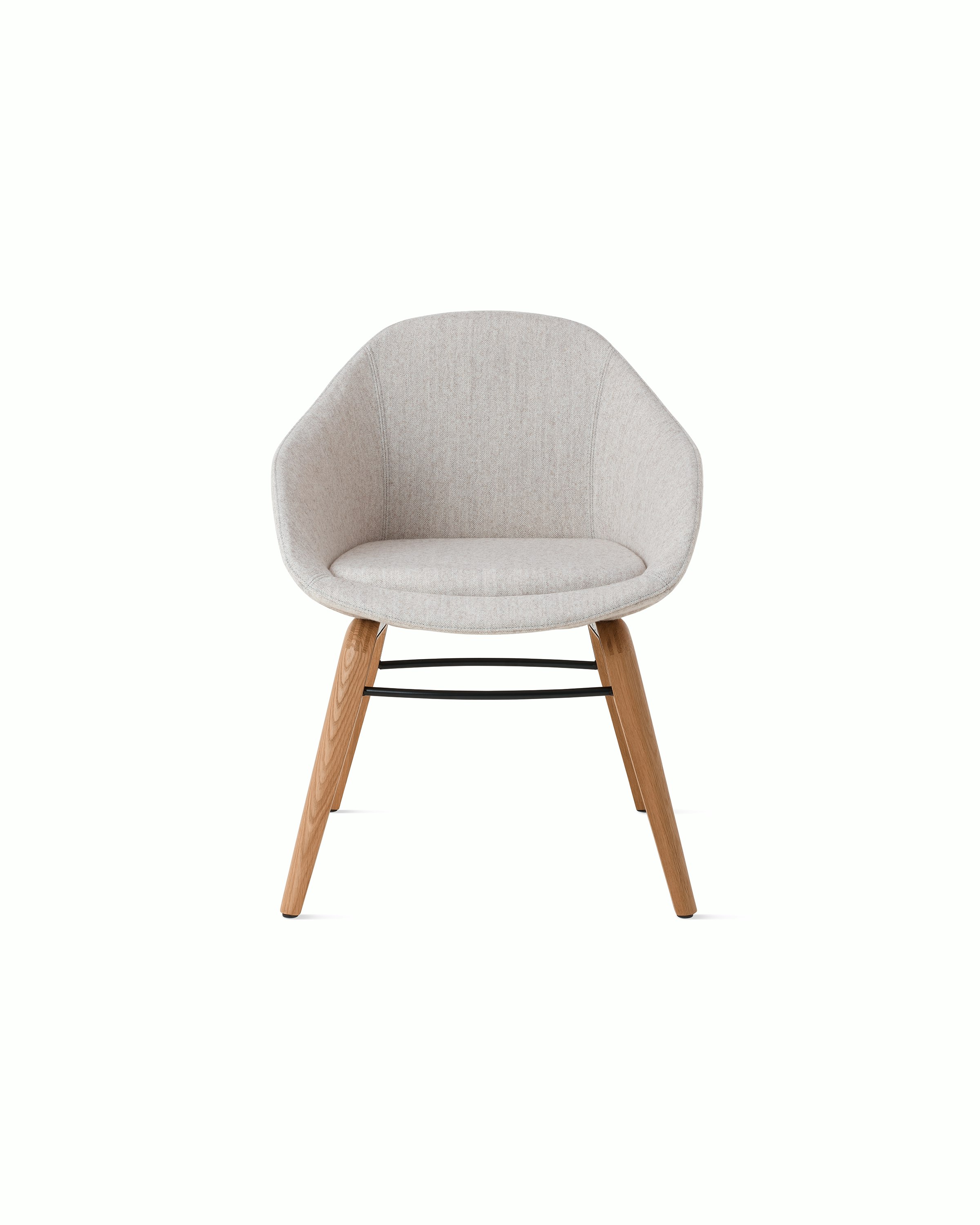 White background shot of Always Chair with grey fabric and wooden legs.