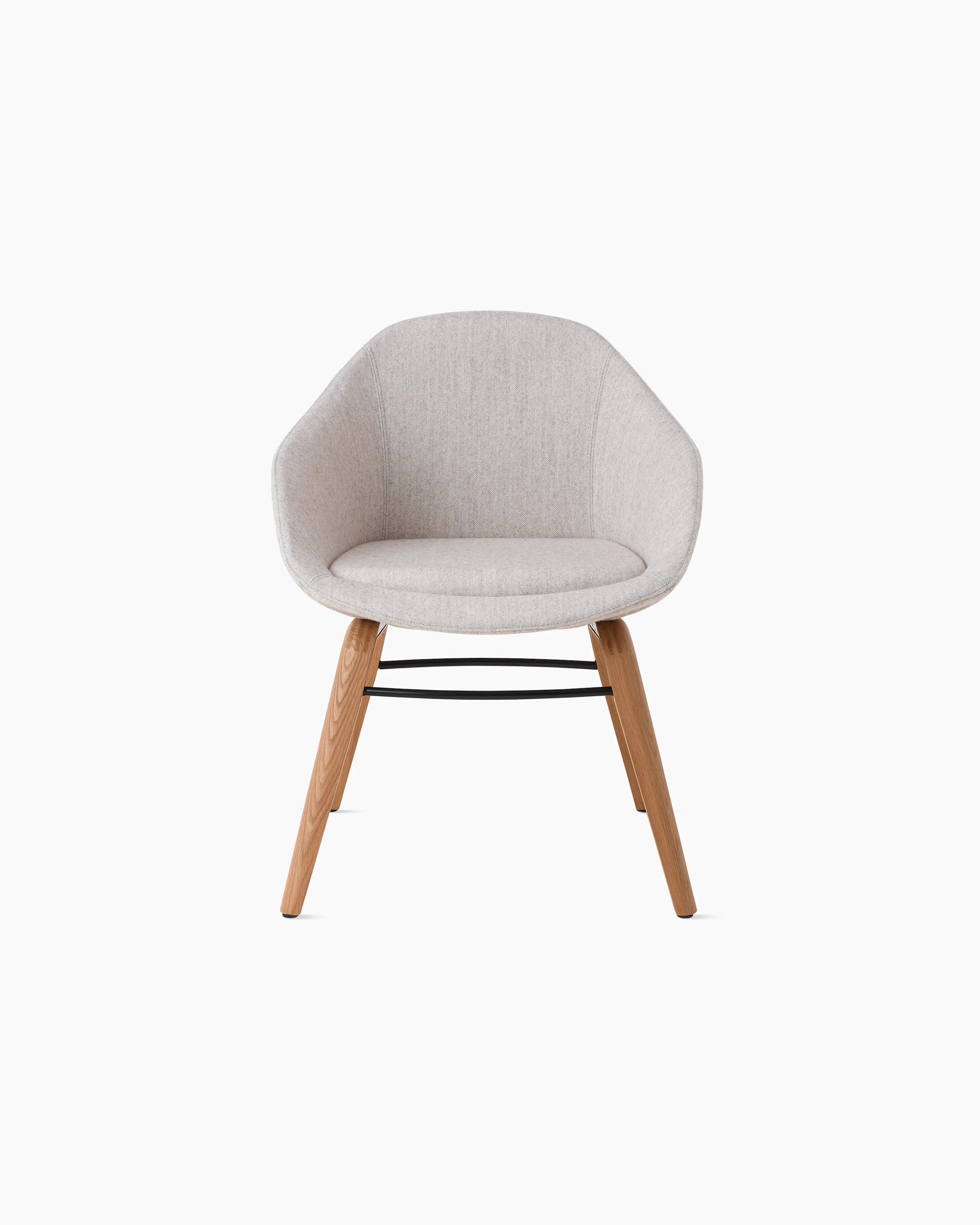 White background shot of Always Chair with grey fabric and wooden legs.