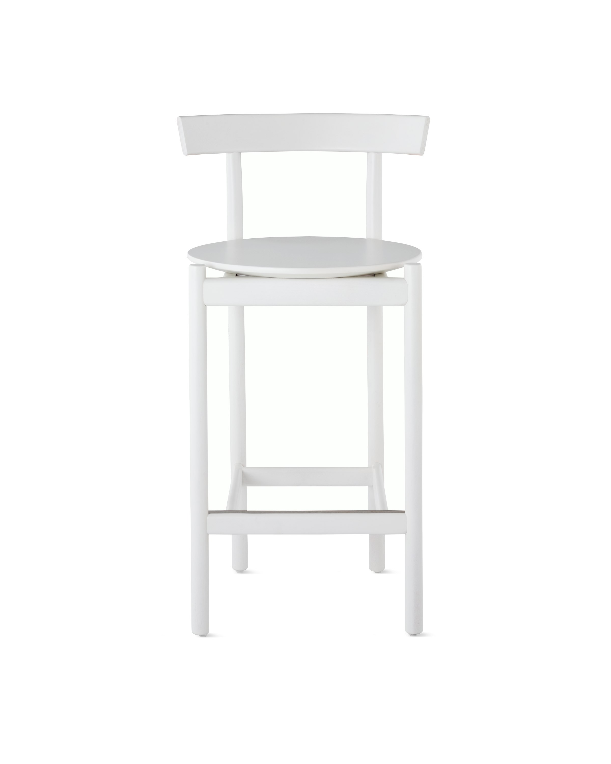A white counter-height Comma Stool, viewed from the front.