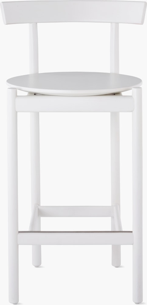A white counter-height Comma Stool, viewed from the front.