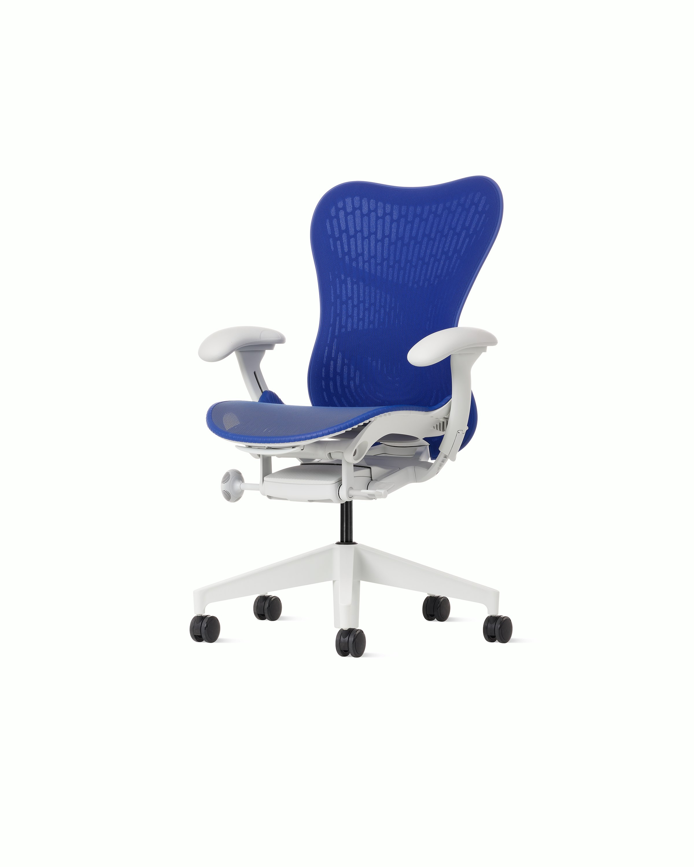 Front angle view of a Mirra 2 chair with a Butterfly back in ultramarine blue and alpine frame.