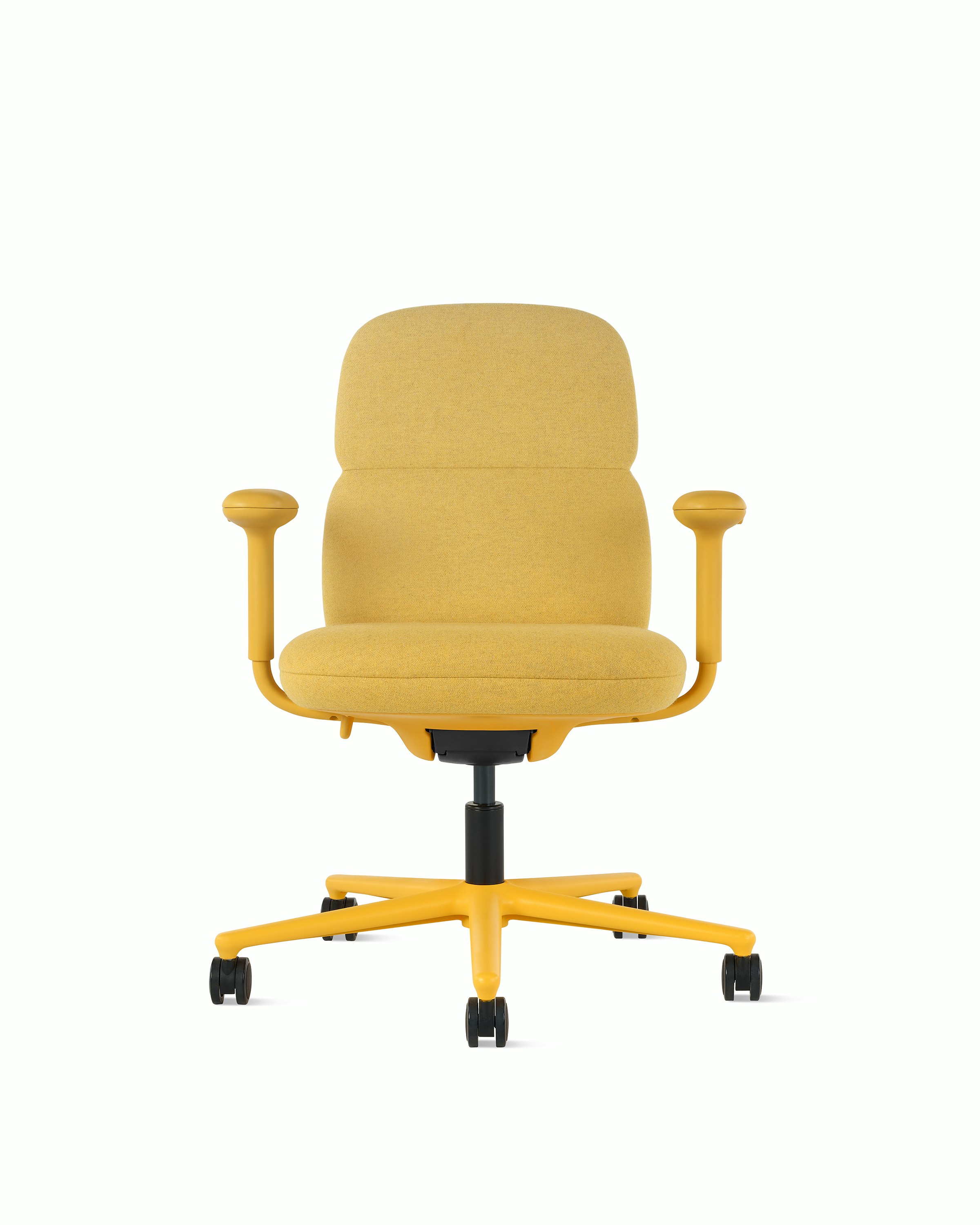 Front view of a mid-back Asari chair by Herman Miller in yellow with height adjustable arms.