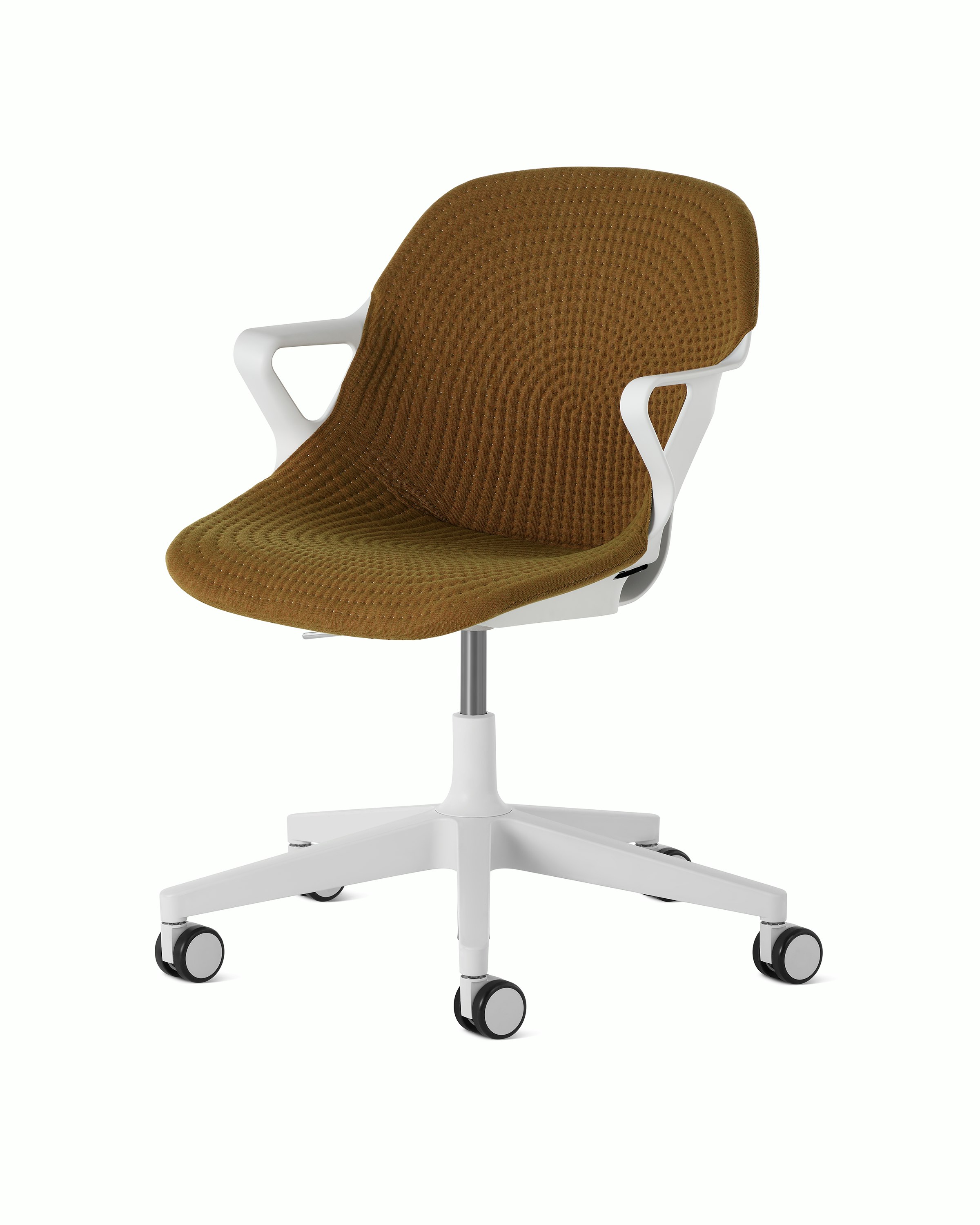 Front angle view of a Zeph chair  with fixed arms in light grey with a dark brown knit cover