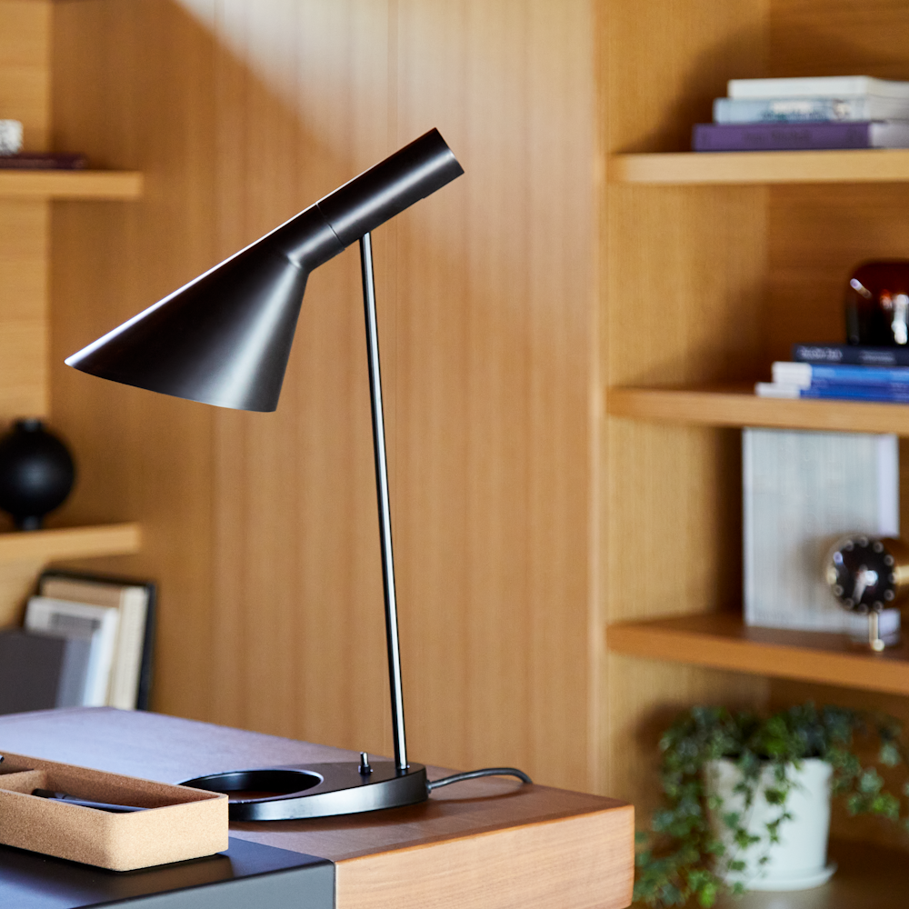 Leatherwrap Sit-to-Stand Desk detail and AJ Table Lamp