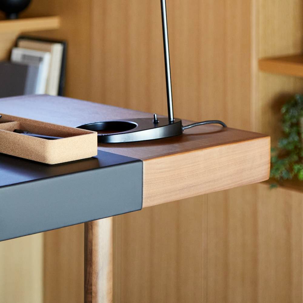Leatherwrap Sit-to-Stand Desk detail and AJ Table Lamp