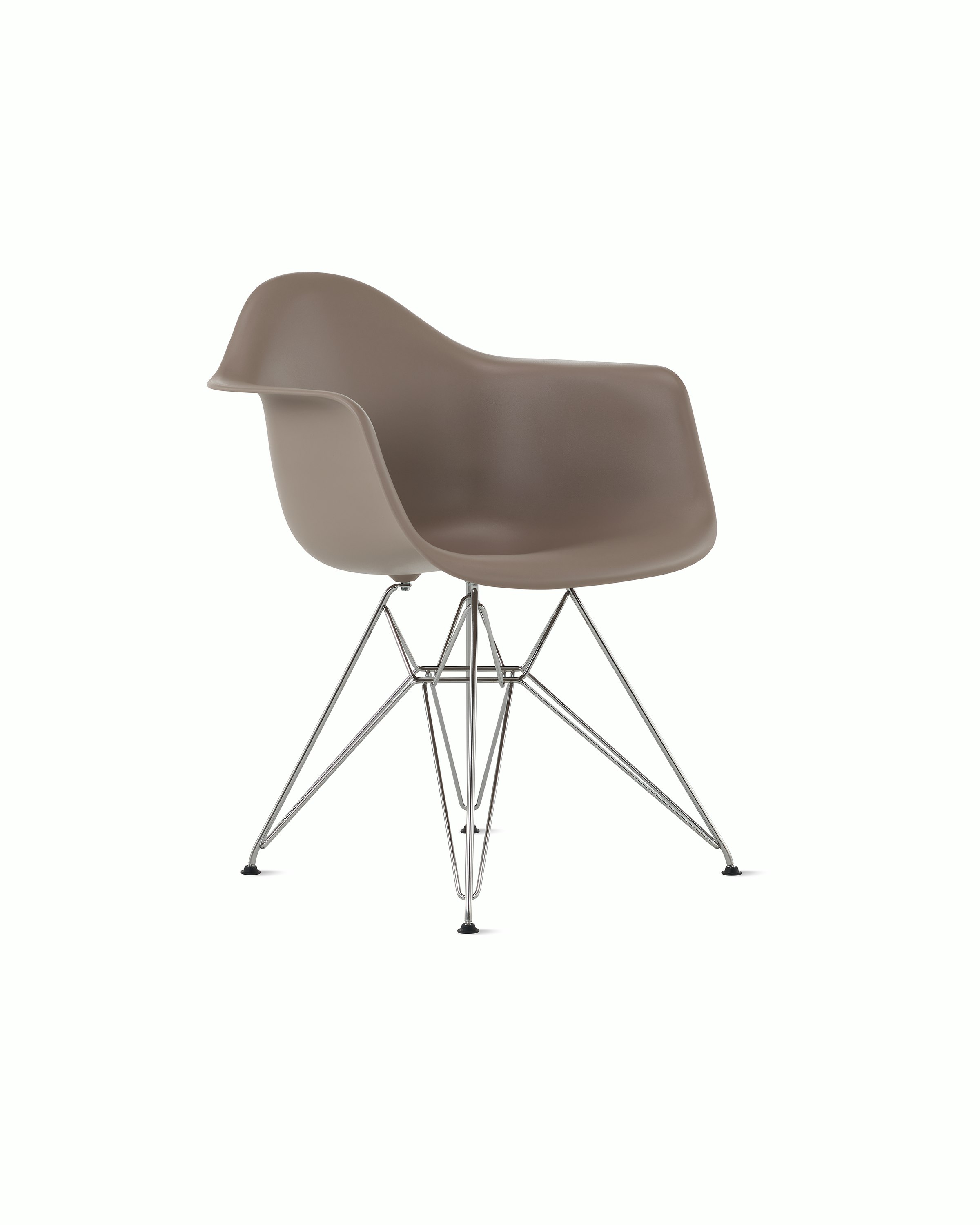 Front angle of cocoa plastic shell chair with wire base legs.