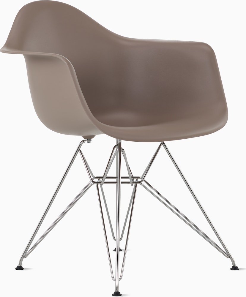Front angle of cocoa plastic shell chair with wire base legs.