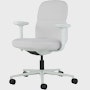 Front angle view of a mid-back Asari chair by Herman Miller in light grey with height adjustable arms.