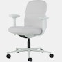Front angle view of a mid-back Asari chair by Herman Miller in light grey with height adjustable arms.