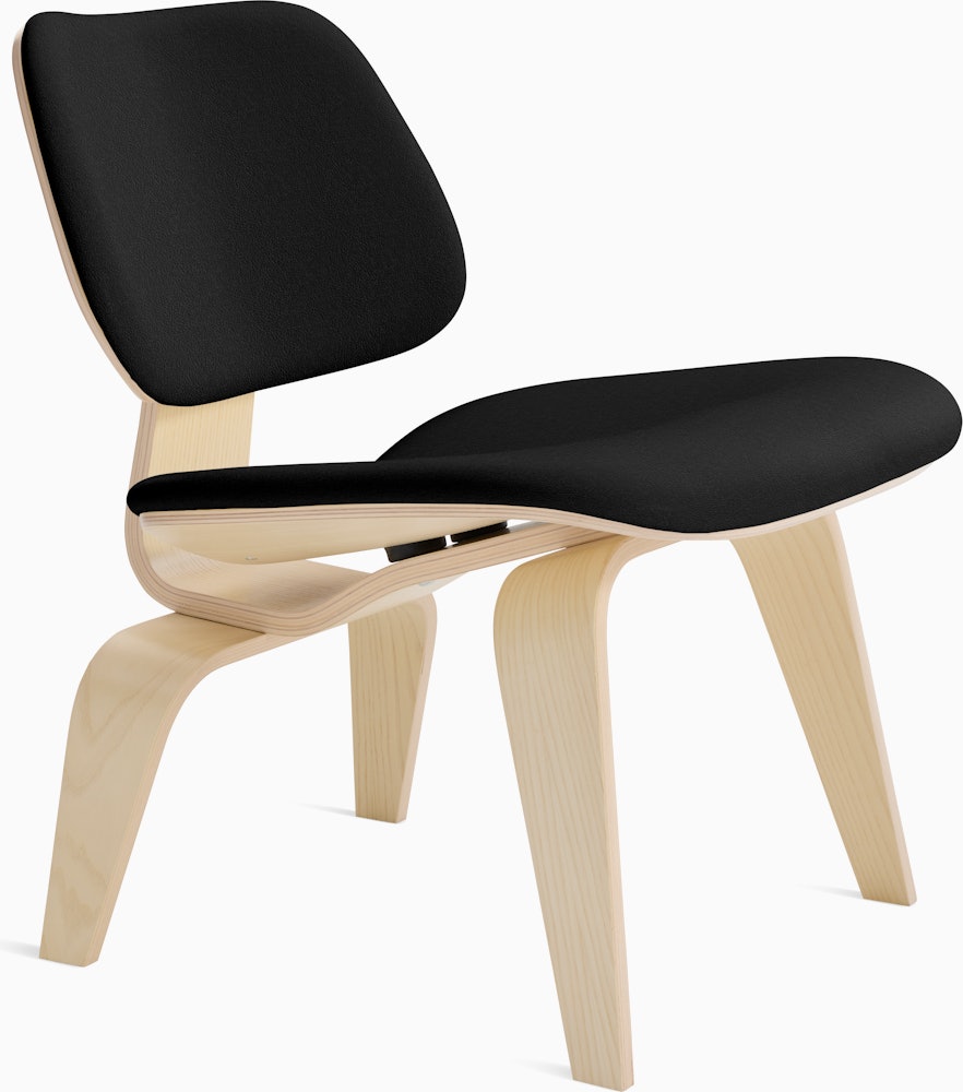 Eames Molded Plywood Lounge Chair Wood Base (LCW) - Upholstered,  White Ash,  Prone Leather,  Obsidian