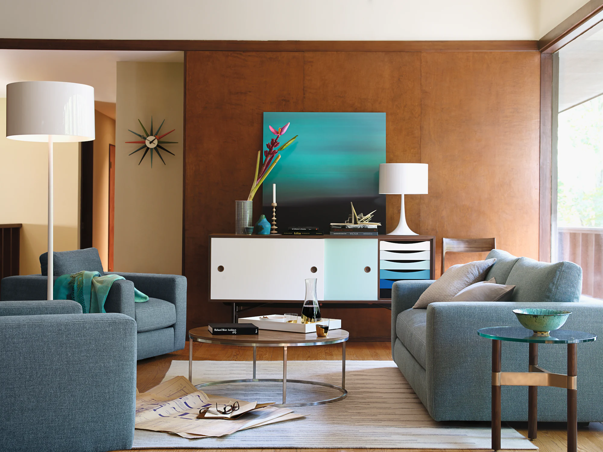 Walnut and multi-color credenza styled in living room