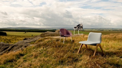 A purple and a grey lounge chair sit in a grassy field with a blue sky and clouds in the background.