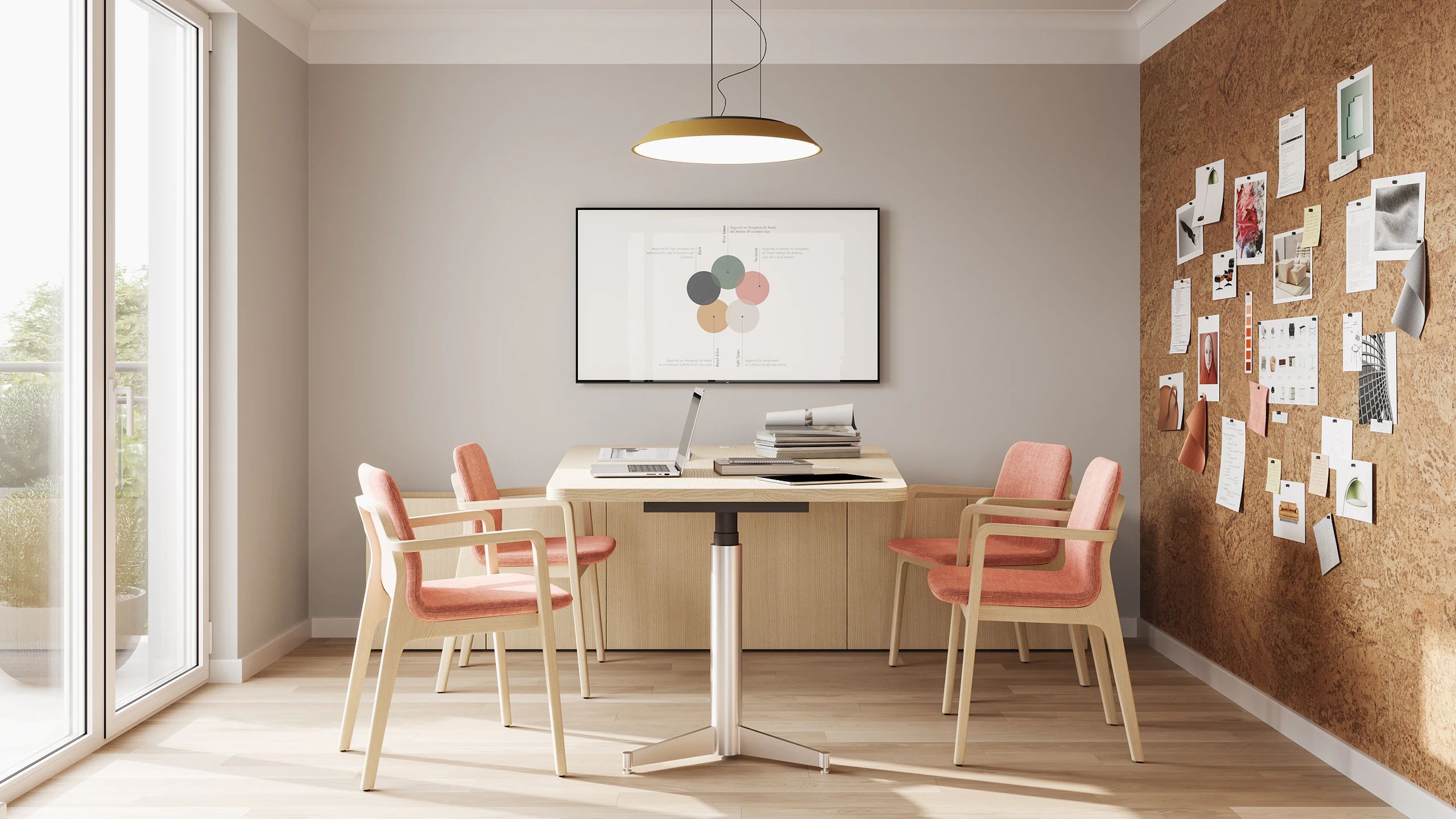 Geiger One Meeting and Huddle Room, Rendering HU2, in White Ash with Deft Chairs.