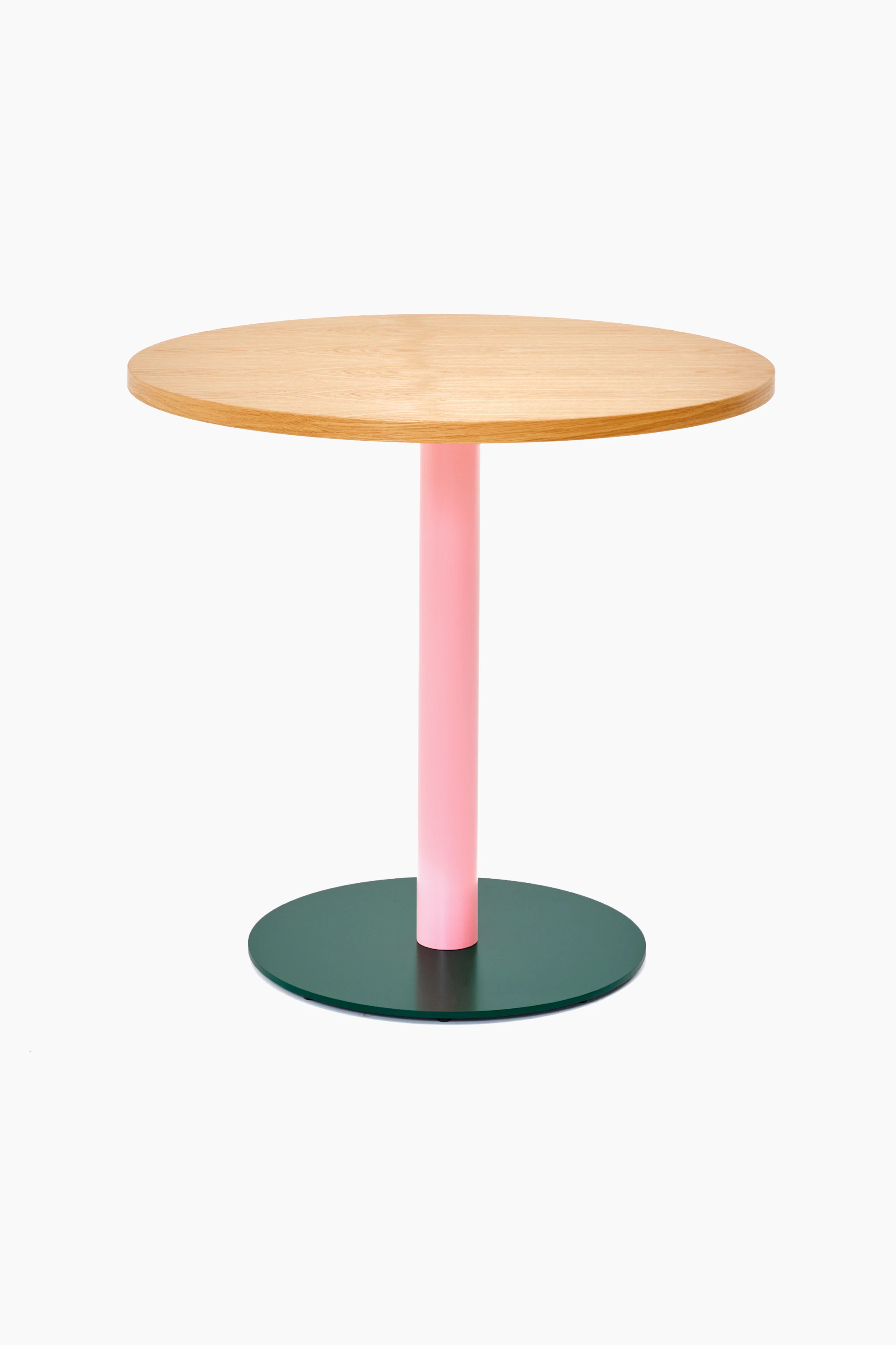 Front view of a round Tier table with Oak veneer top, Light Pink stem and Moss Green base.