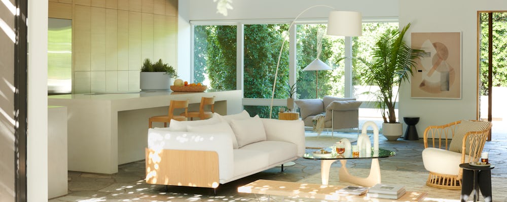 Kapsel 92 in Sofa, Grace Chair, Nelson Cane Bench, Noguchi Table, Alva Chair, Marl Moroccan Wool Rug, Noviembre Stool, Twiggy Floor Lamp, Linna I by Laura Naples, 9602 Floor Lamp, Hew Side Table, Monstruosus Planter