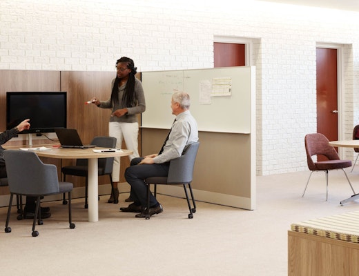 Dividends Horizon Media Enclave laminate fronts wood grain laminate marker board panels beltway power round café table column leg x-base credenza storage