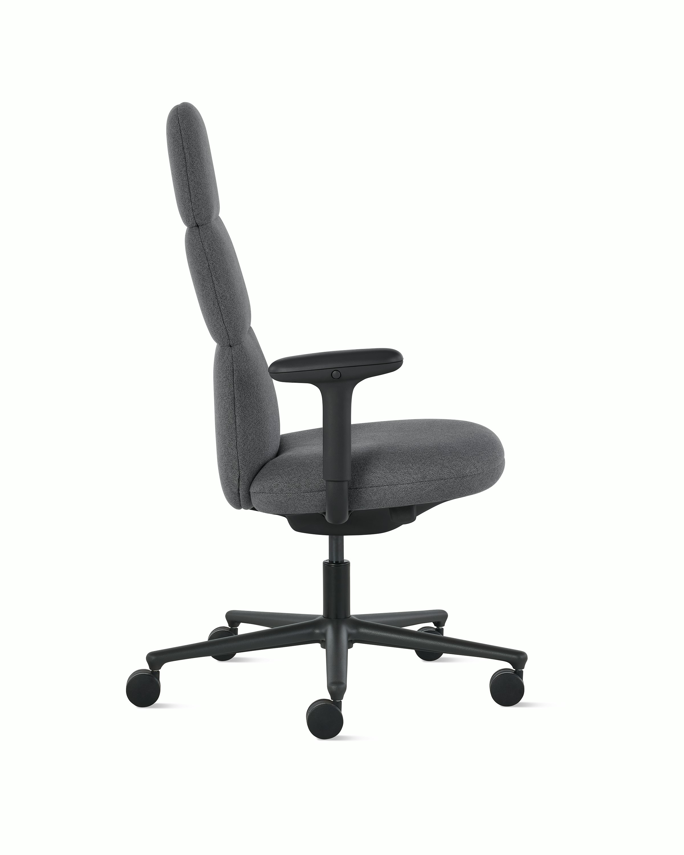 Side view of a high-back Asari chair by Herman Miller in dark grey with height adjustable arms.