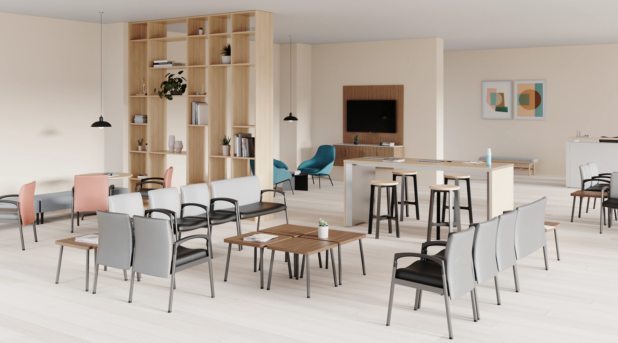 A waiting area with groupings of Valor multiple seating and plus chairs in light gray upholstered backs and black seats, with Valor side chairs in pink upholstered backs and gray seats, along with Valor side tables in walnut finished tops and silver legs. A Headway standing-height table is in the center in a clear on ash finish with Solo stools. A Canvas reception station is along the back in a white finish, with Mora casework in a walnut finish next to Always Lounge chairs in teal.