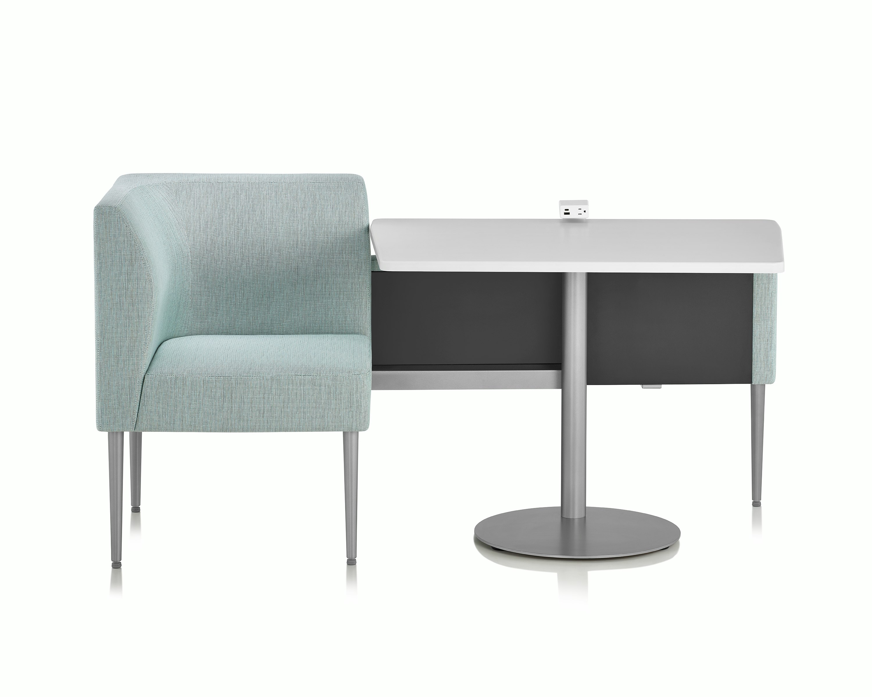 Nemschoff Palisade Booth configuration of a single booth in a light green upholstery with a center table with a white surface and Logic power access unit on it.