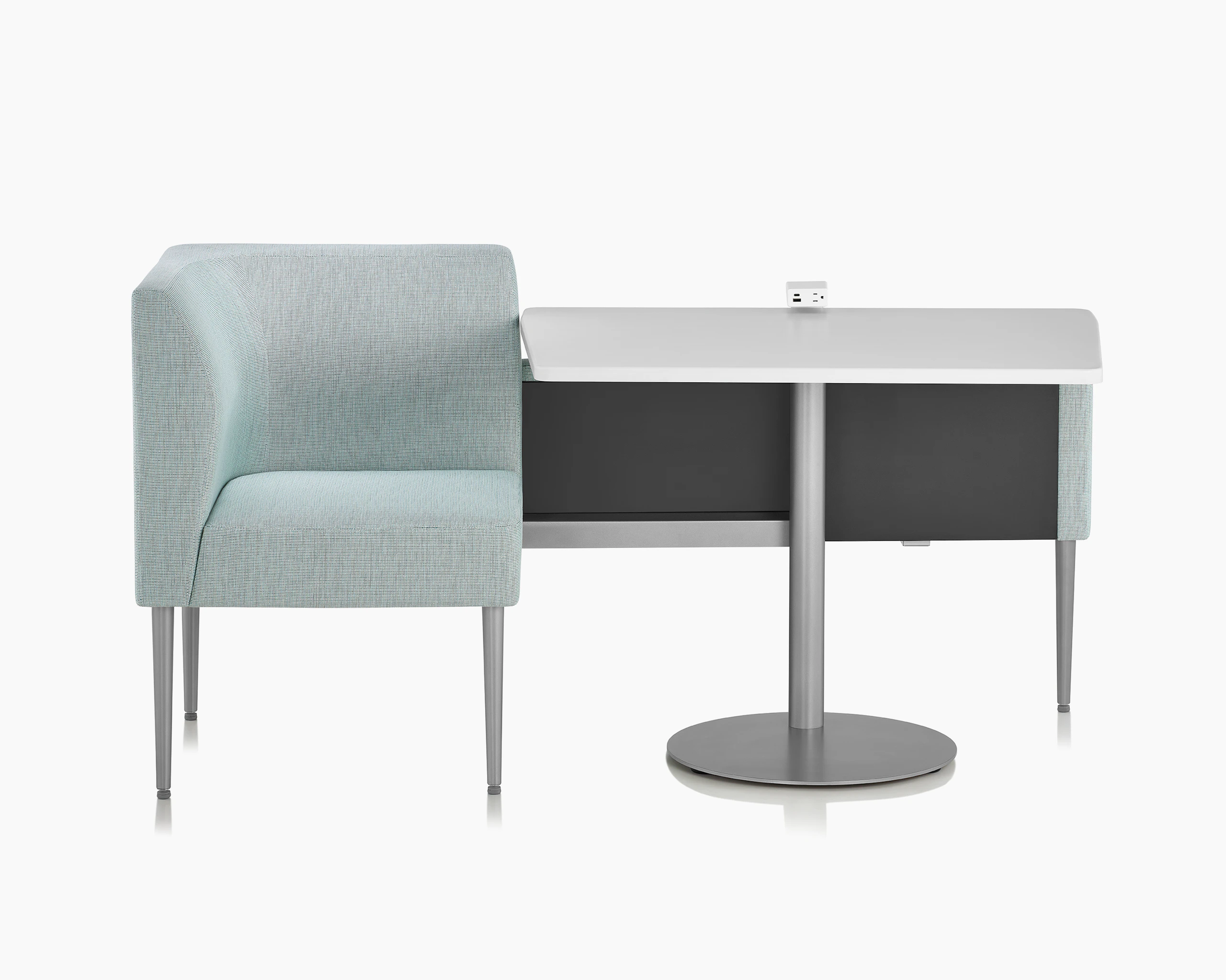 Nemschoff Palisade Booth configuration of a single booth in a light green upholstery with a center table with a white surface and Logic power access unit on it.