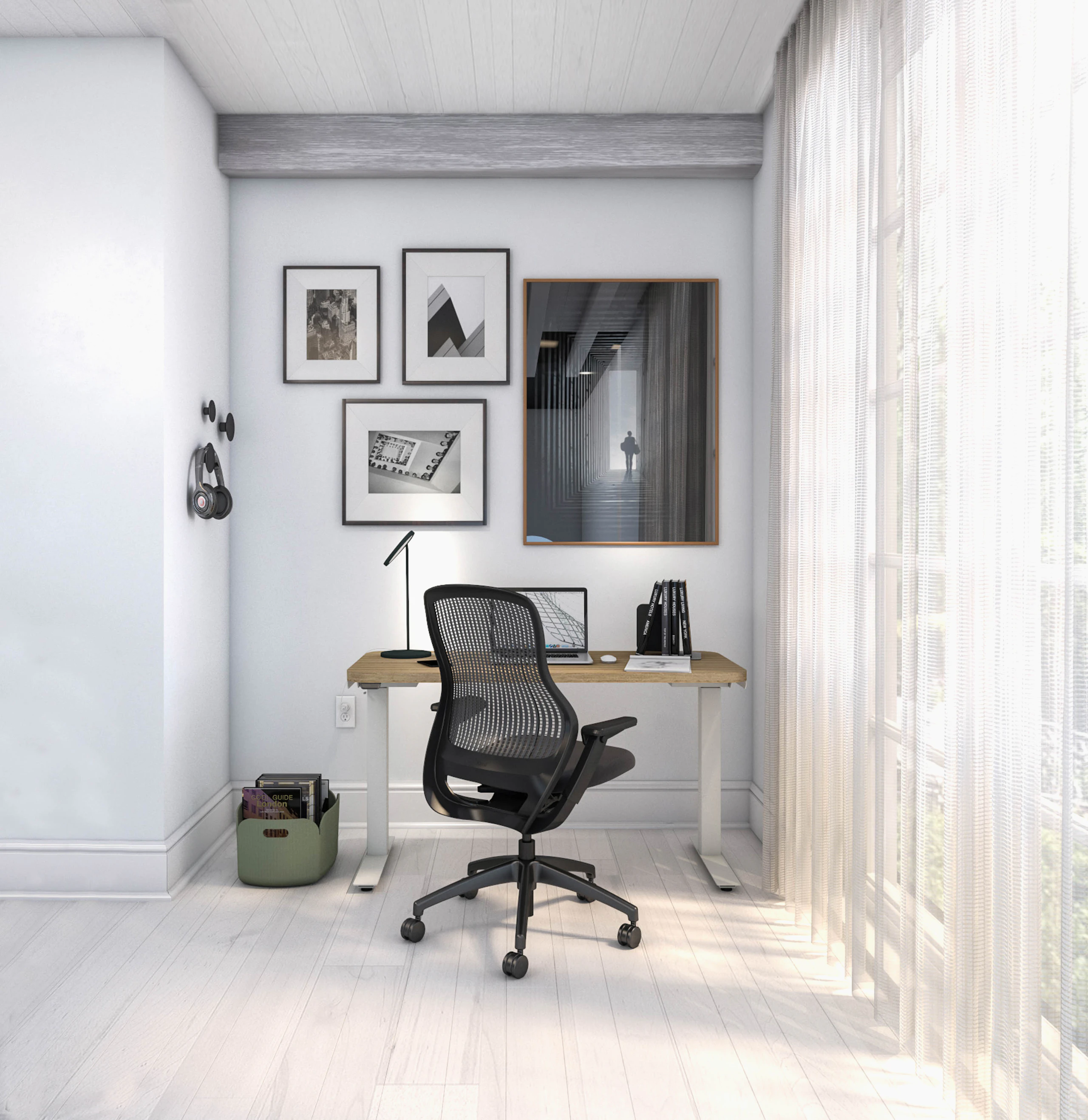 knoll + muuto work from home hipso height-adjustable desk compile bookend restore basket dots leaf table lamp regeneration by knoll