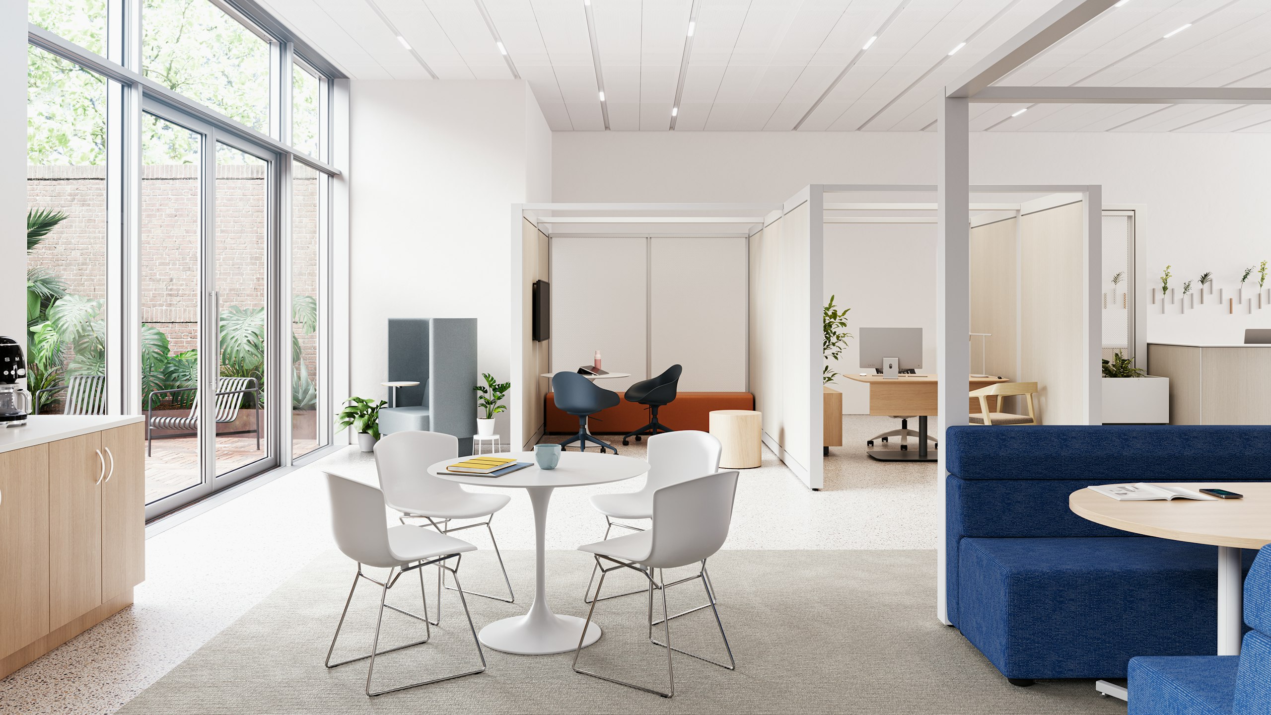 Surgery waiting area with a variety of settings for working, respite, or socializing