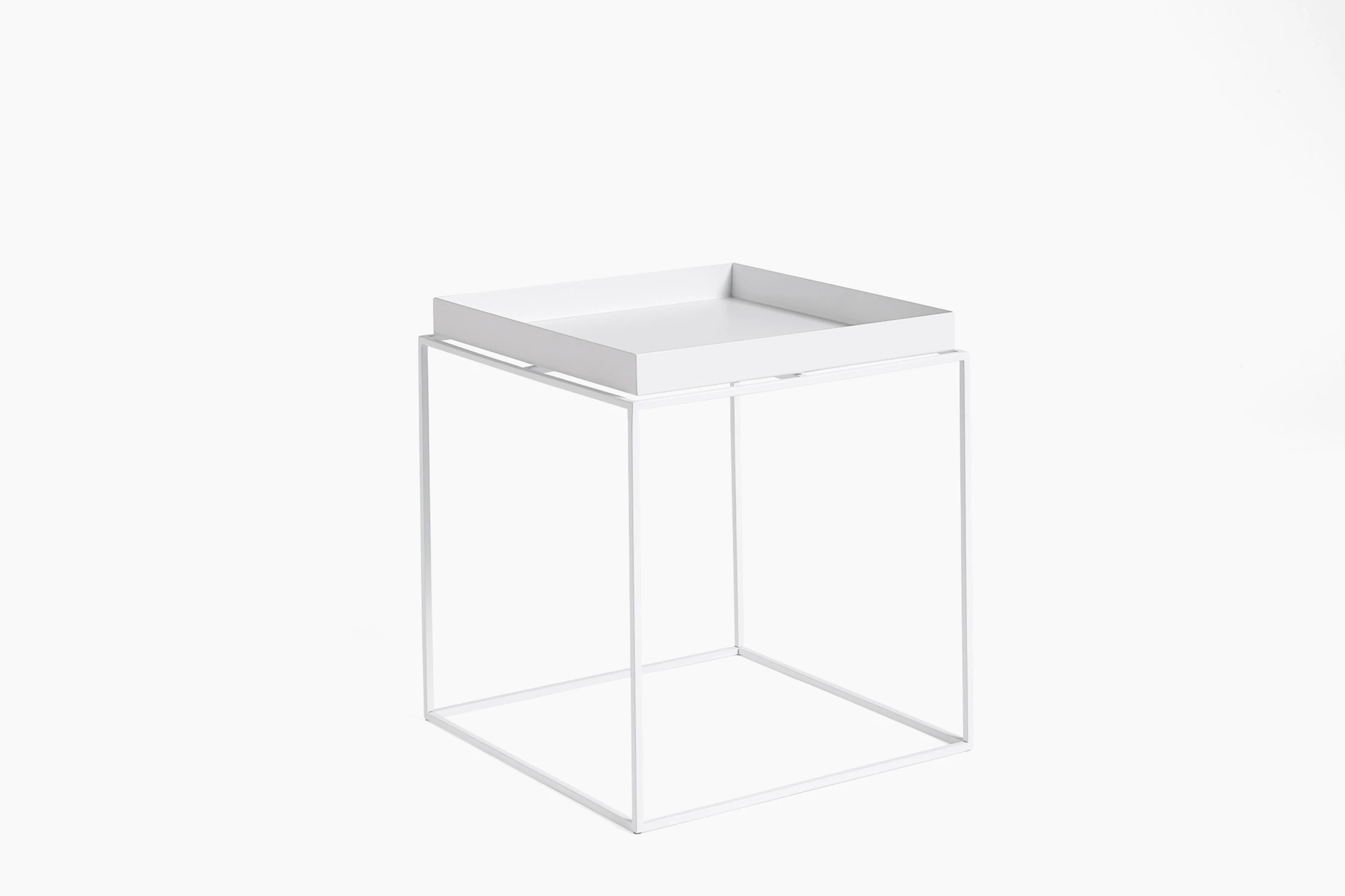 White, square Tray Side Table, viewed at an angle.