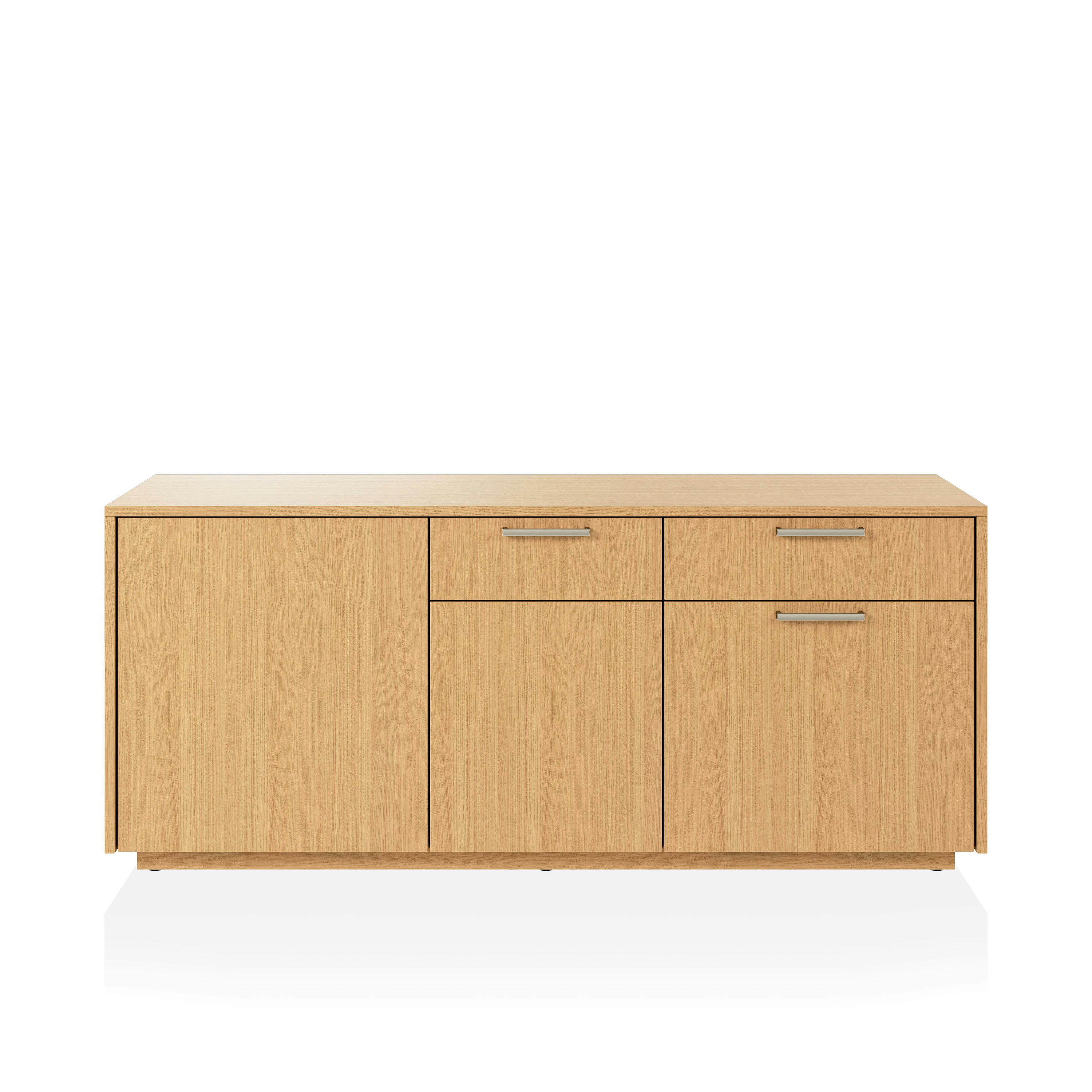 JD Credenza in Natural Rift Cut Oak with Satin Nickel drawer pulls viewed from the front.