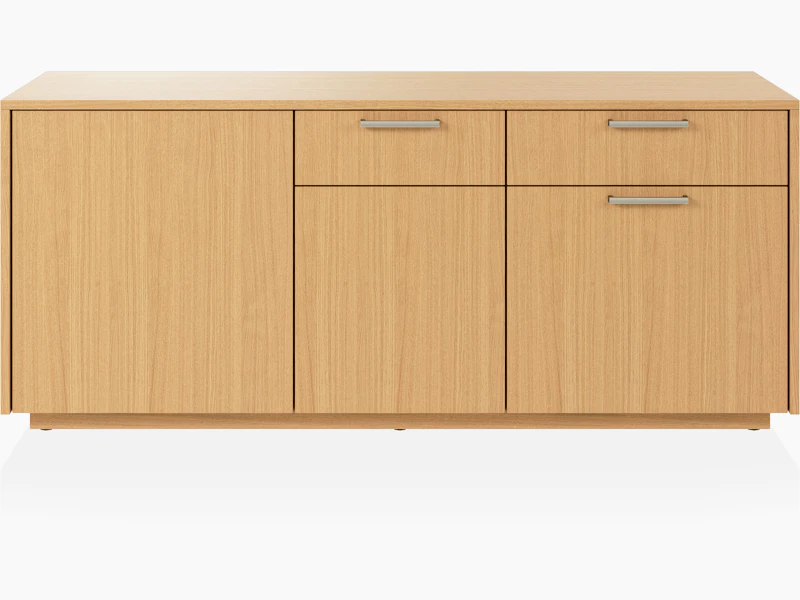 JD Credenza in Natural Rift Cut Oak with Satin Nickel drawer pulls viewed from the front.