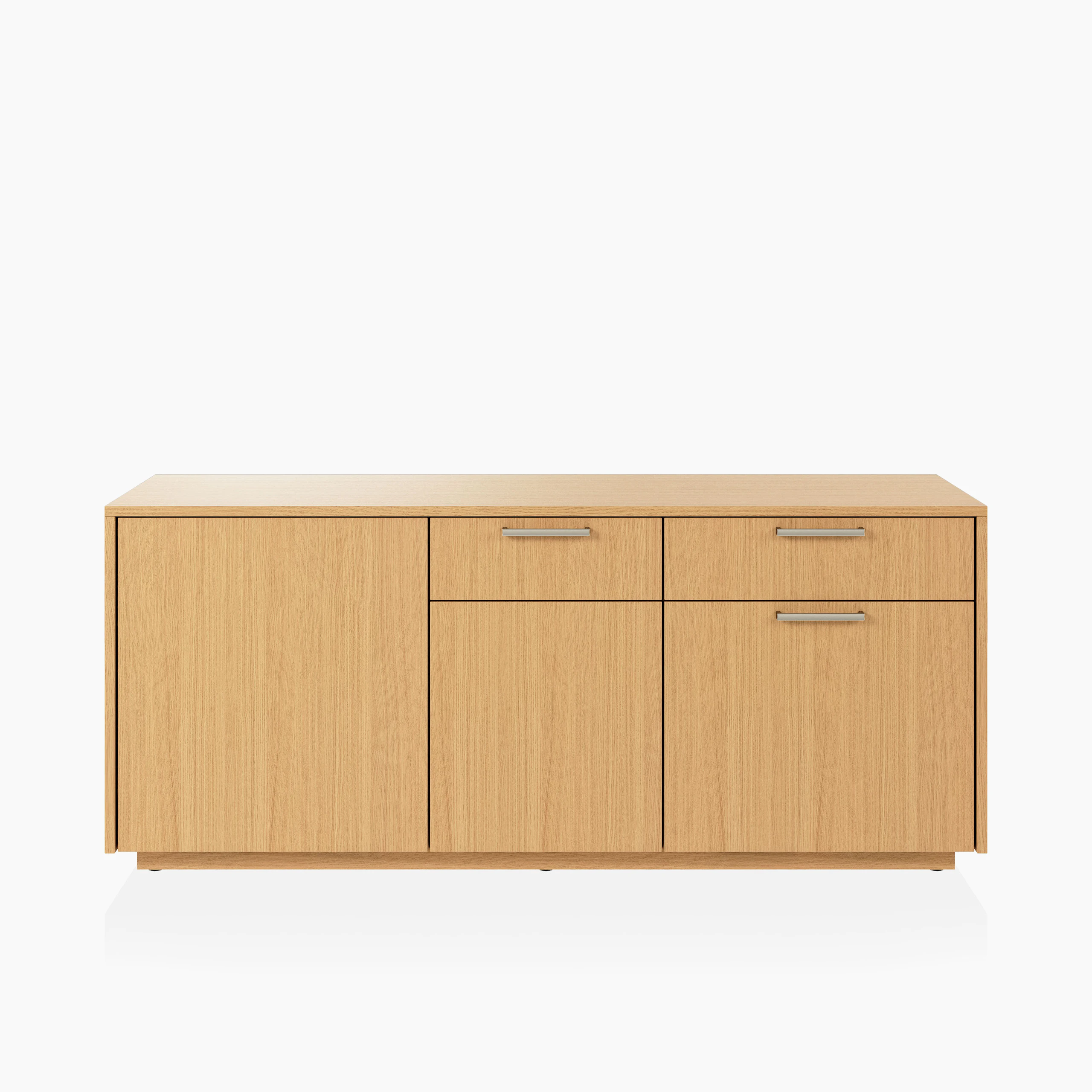 JD Credenza in Natural Rift Cut Oak with Satin Nickel drawer pulls viewed from the front.