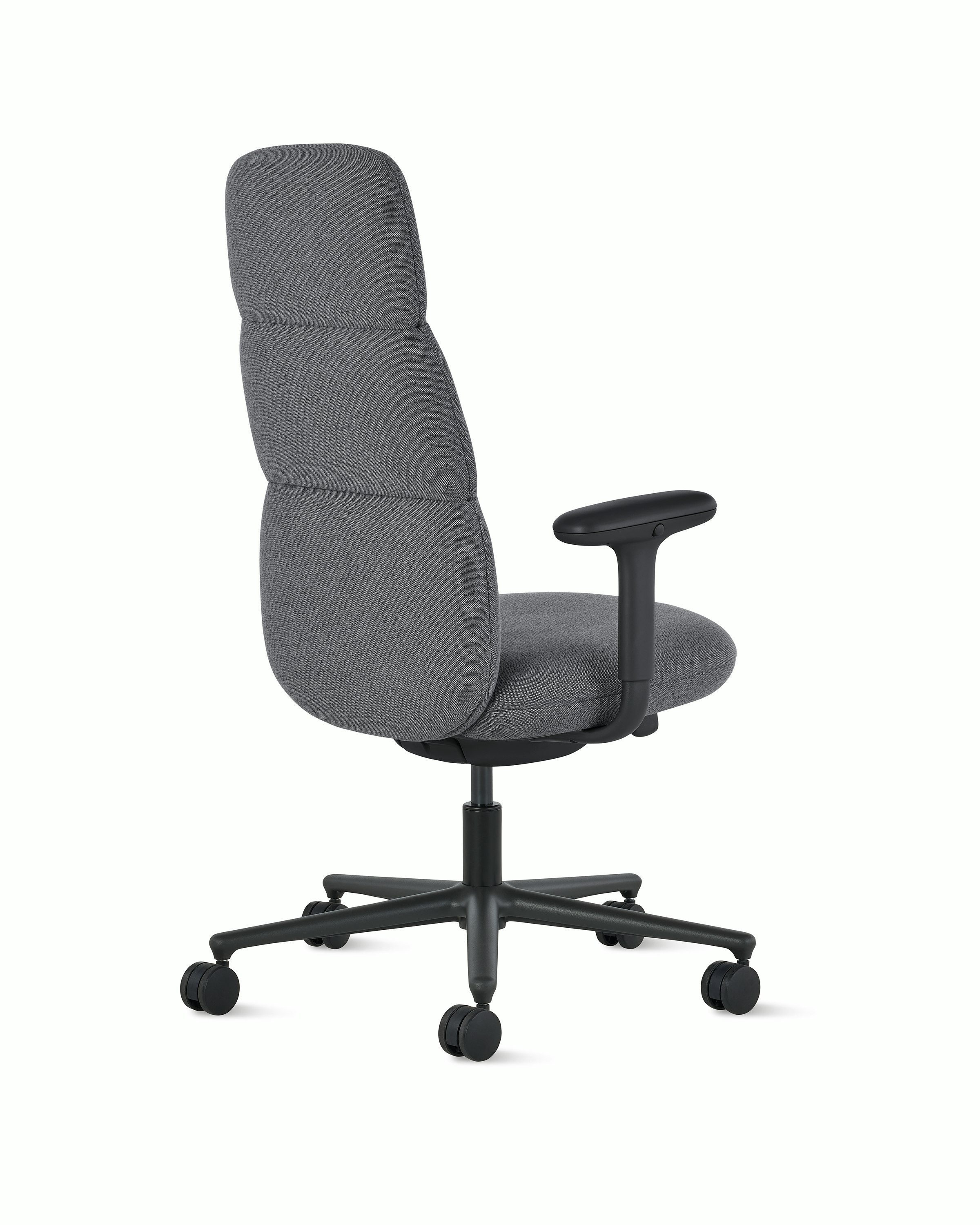 Rear angle view of a high-back Asari chair by Herman Miller in dark grey with height adjustable arms.